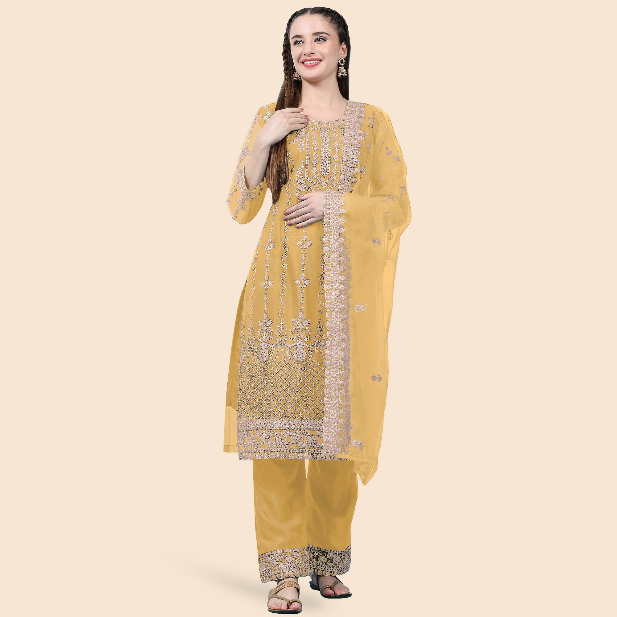 Yellow Sequins Embroidered Net Semi Stitched Pakistani Suit