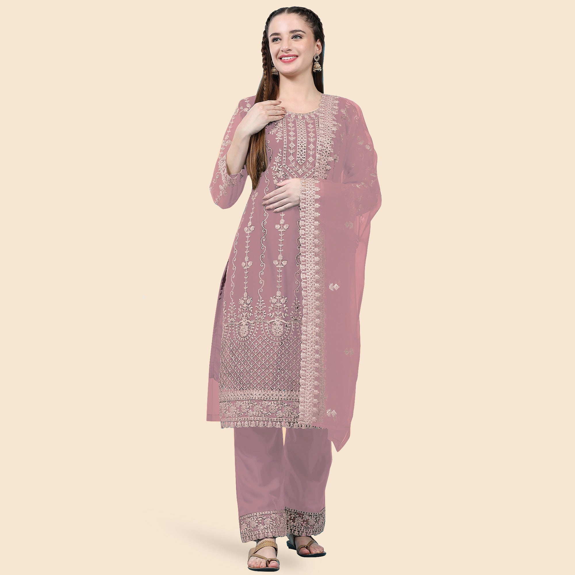 Pastel Pink Sequins Embroidered Net Semi Stitched Pakistani Suit