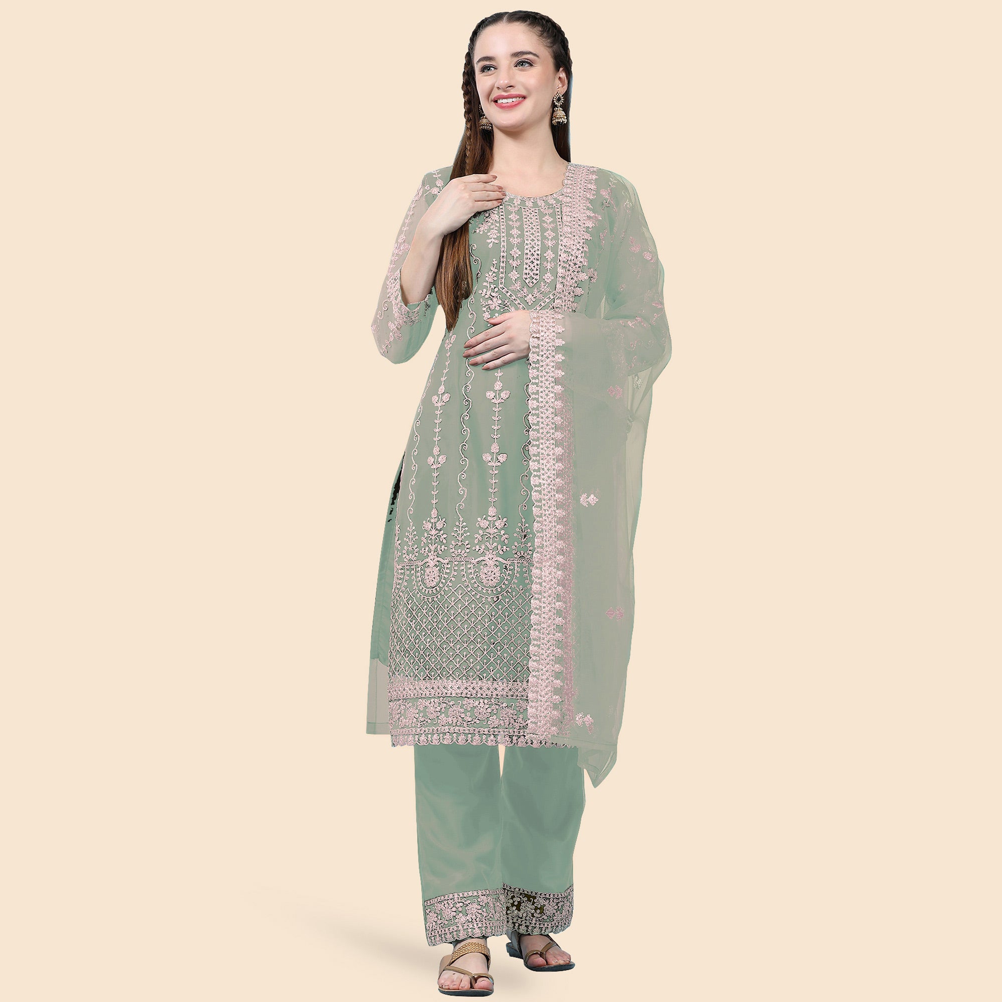 Green Sequins Embroidered Net Semi Stitched Pakistani Suit