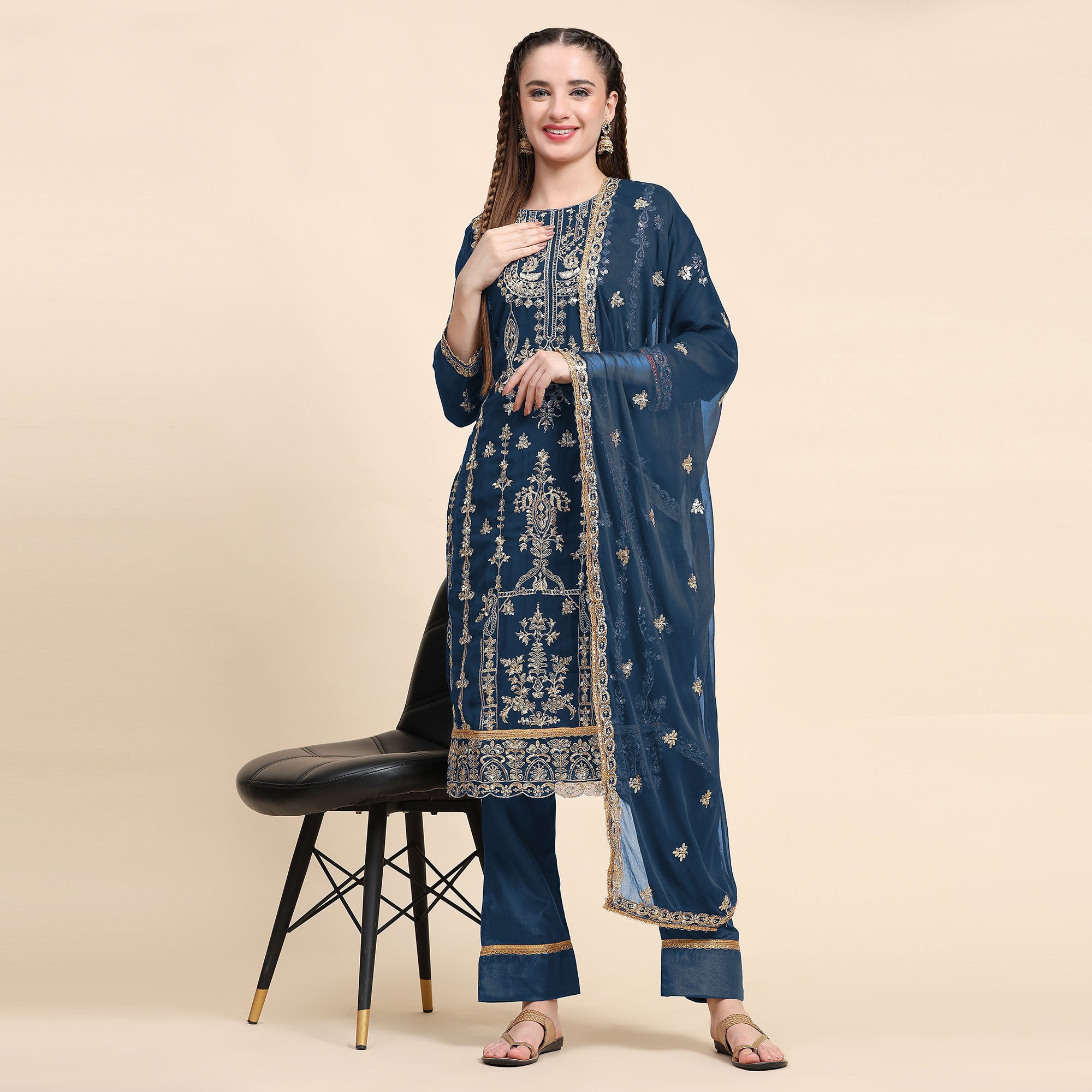 Blue Sequins Embroidered Georgette Semi Stitched Pakistani Suit