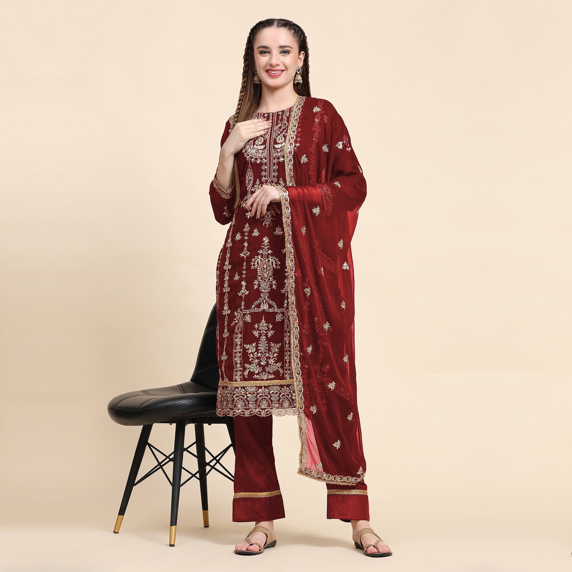 Maroon Sequins Embroidered Georgette Semi Stitched Pakistani Suit