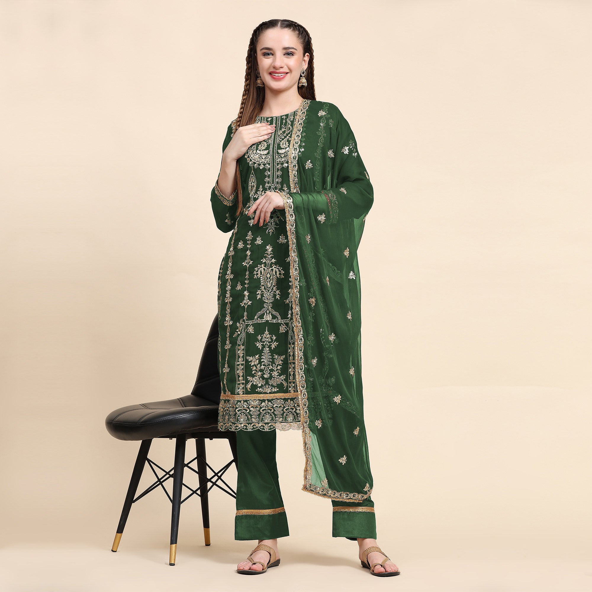 Green Sequins Embroidered Georgette Semi Stitched Pakistani Suit