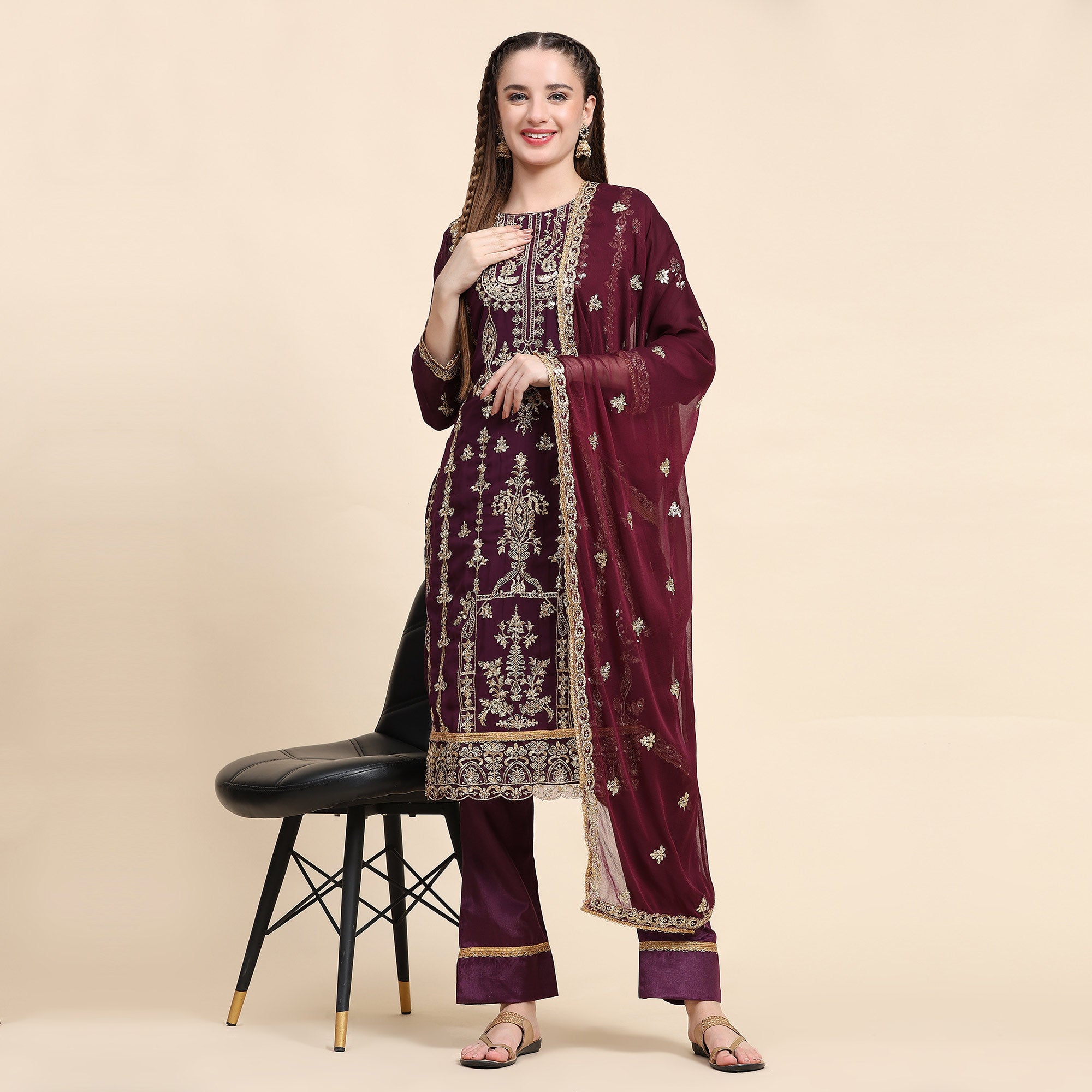 Purple Sequins Embroidered Georgette Semi Stitched Pakistani Suit