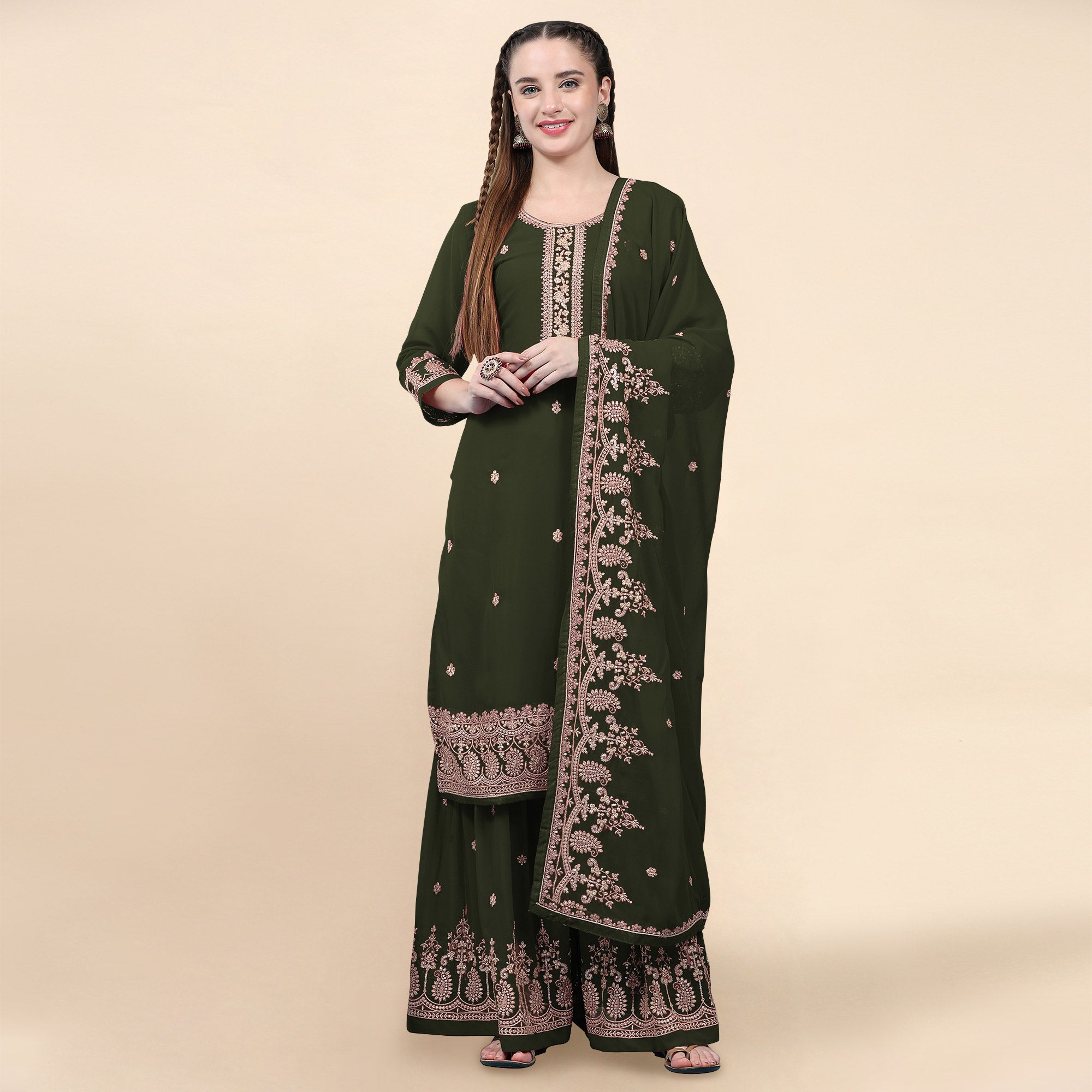 Green Floral Embroidered Georgette Semi Stitched Suit
