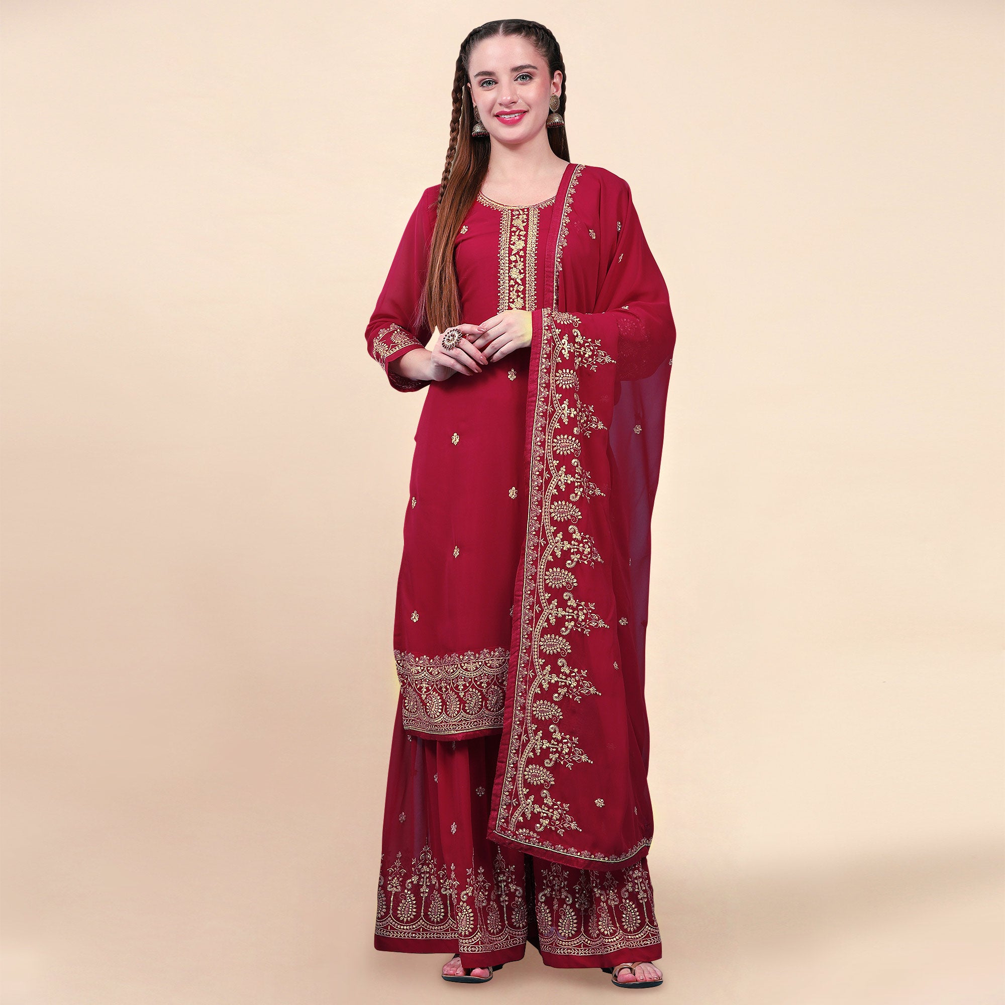 Maroon Floral Embroidered Georgette Semi Stitched Suit