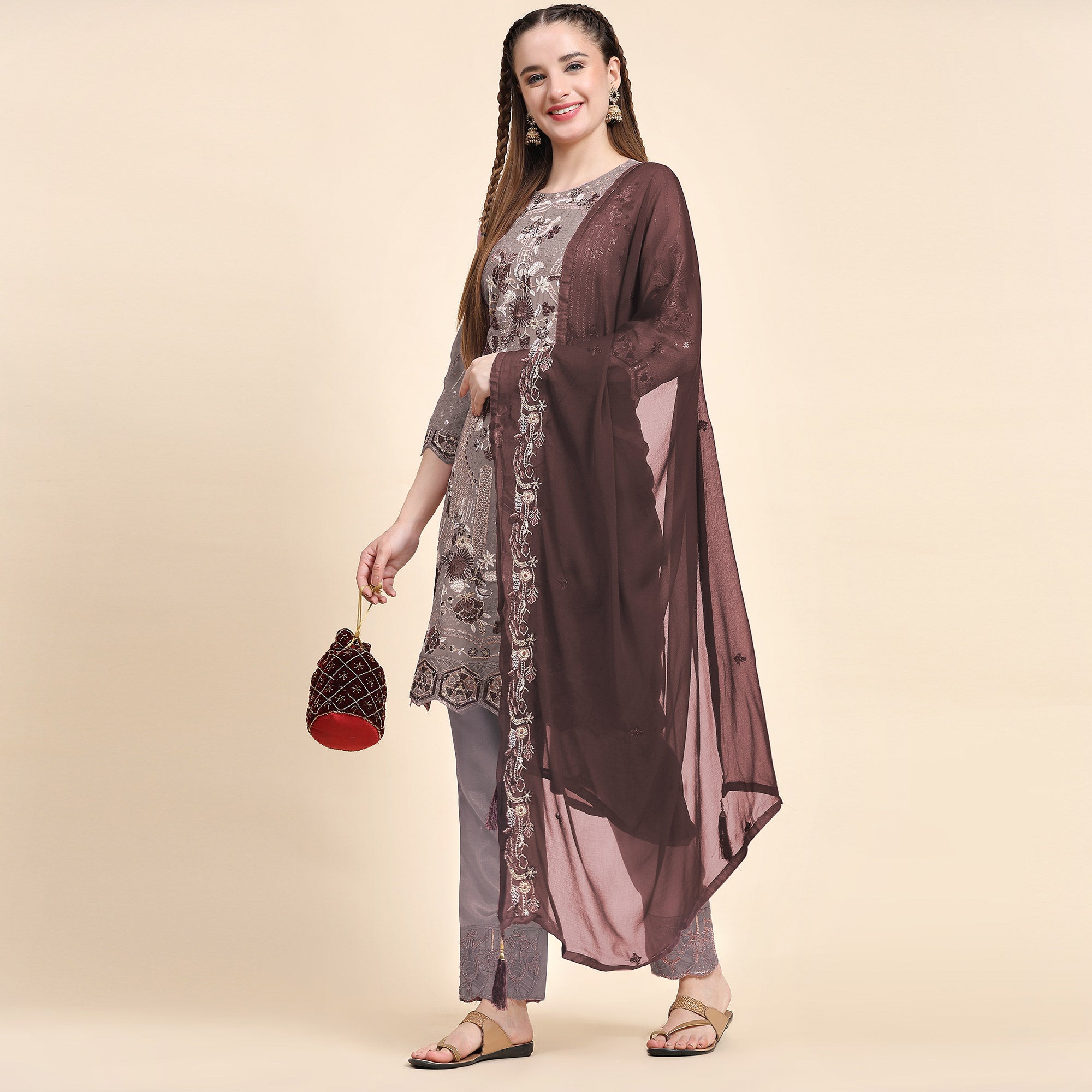 Brown Floral Embroidered Georgette Semi Stitched Pakistani Suit