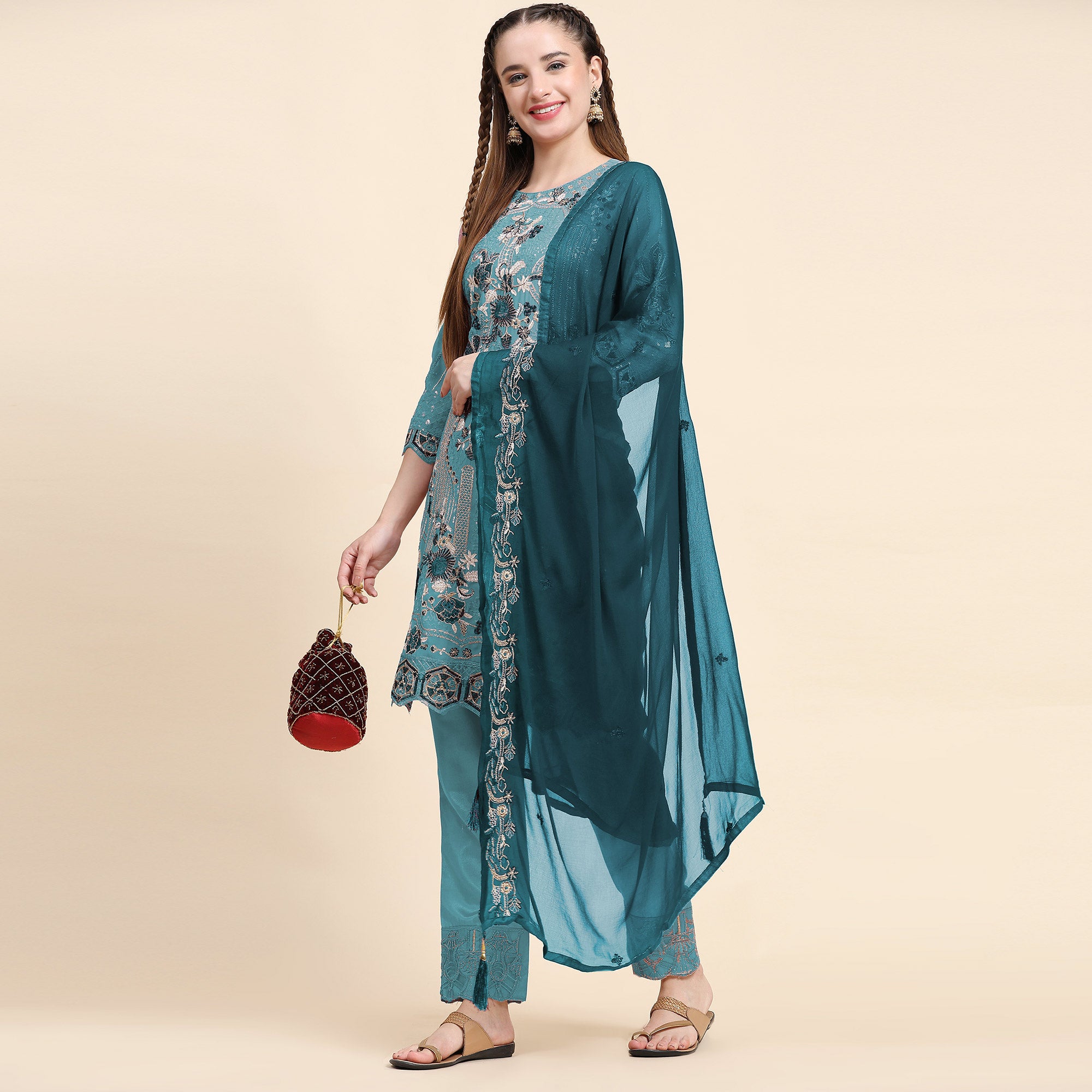 Sky Blue Floral Embroidered Georgette Semi Stitched Pakistani Suit