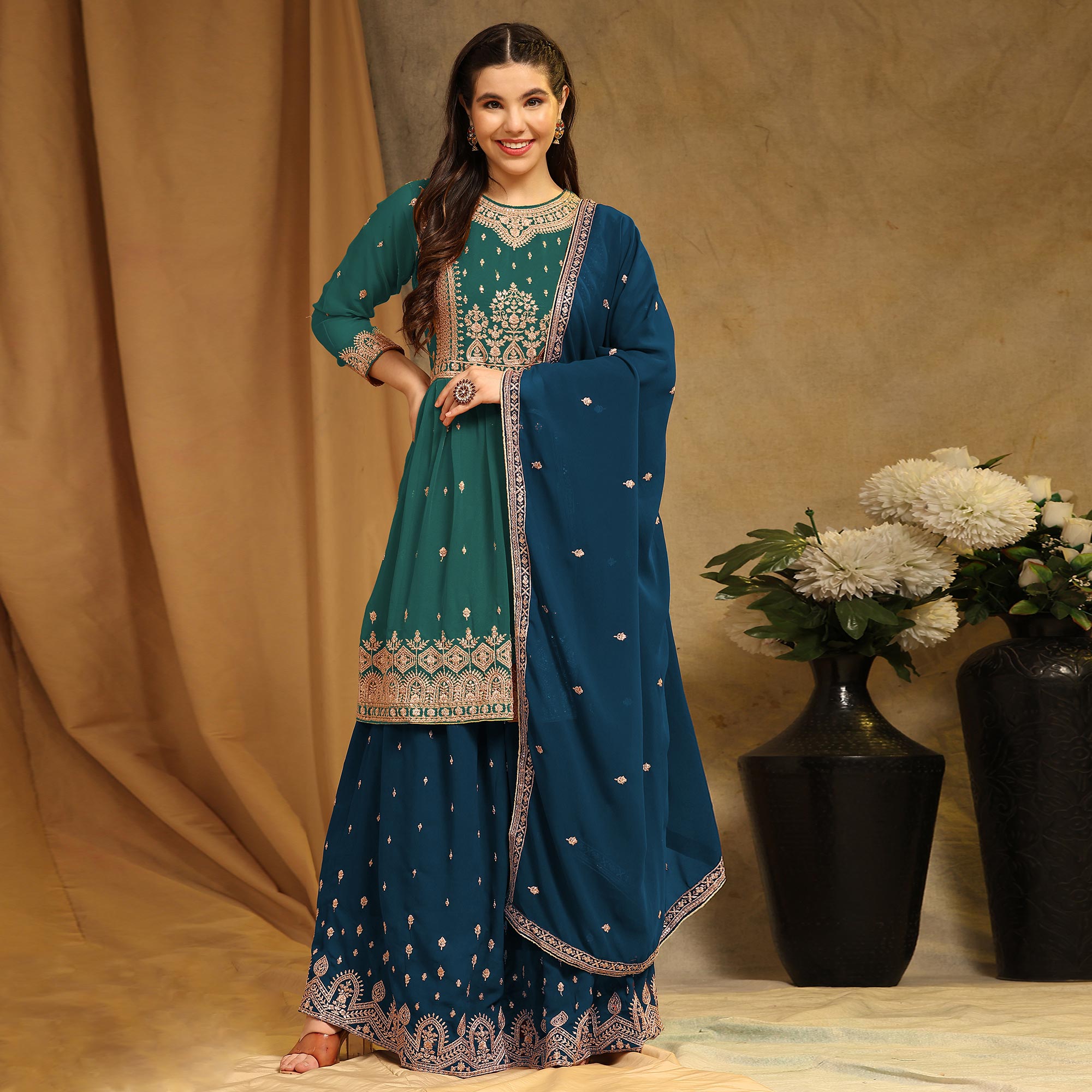 Teal Green Floral Embroidered Georgette Semi Stitched Sharara Suit