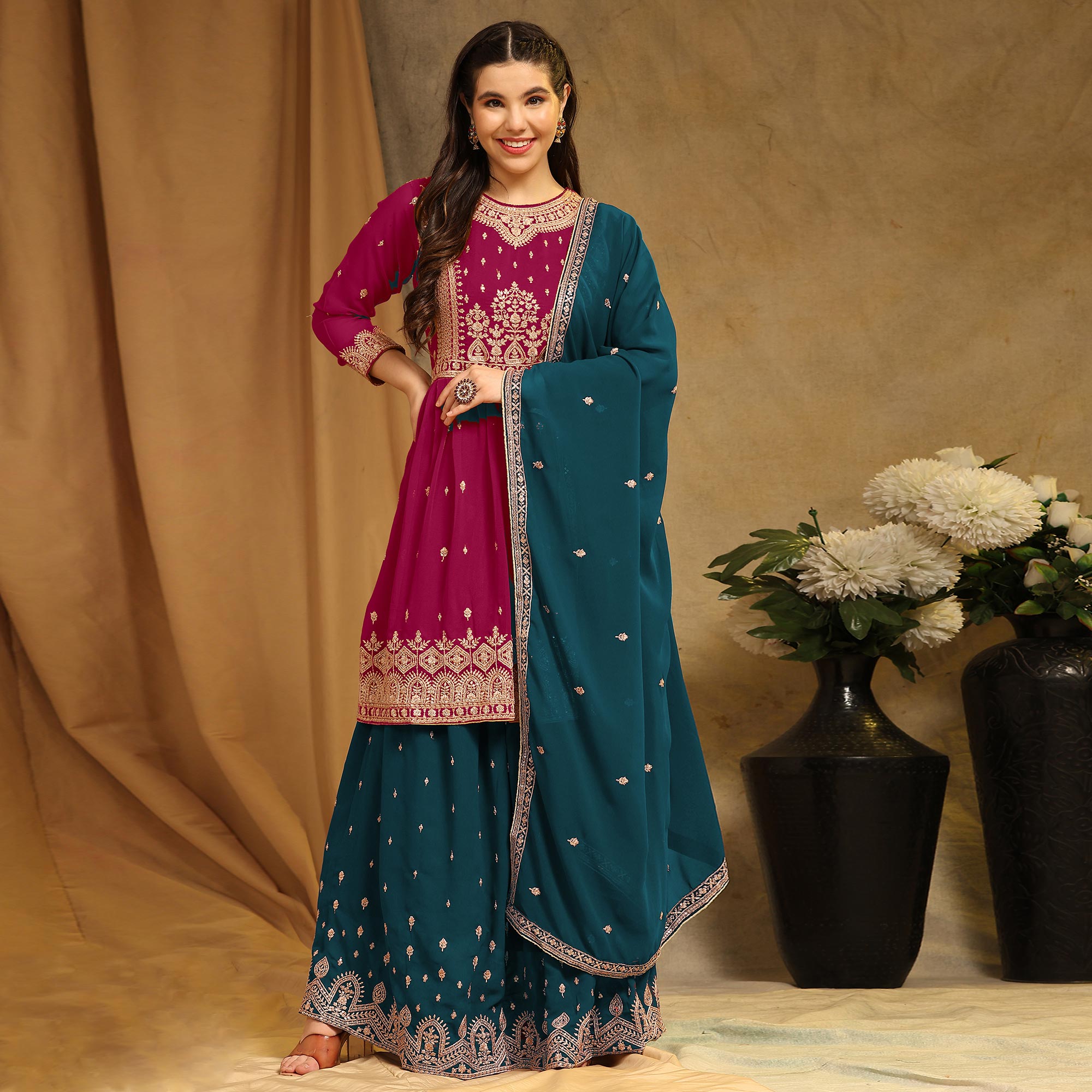 Pink Floral Embroidered Georgette Semi Stitched Sharara Suit