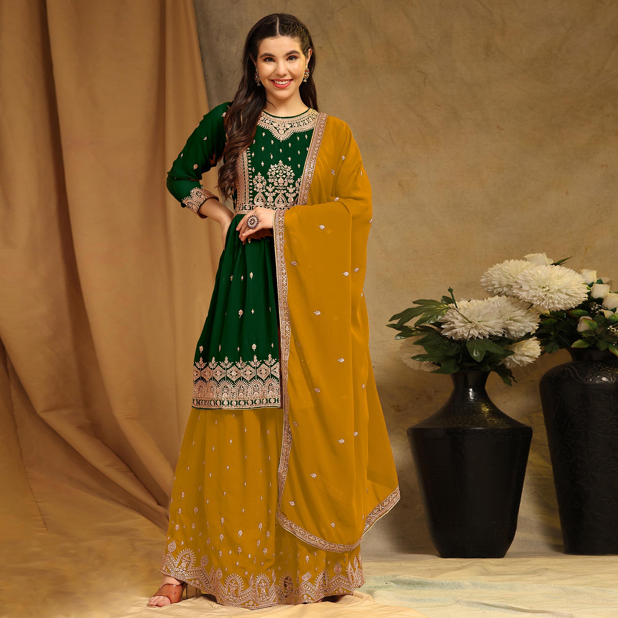 Green Floral Embroidered Georgette Semi Stitched Sharara Suit