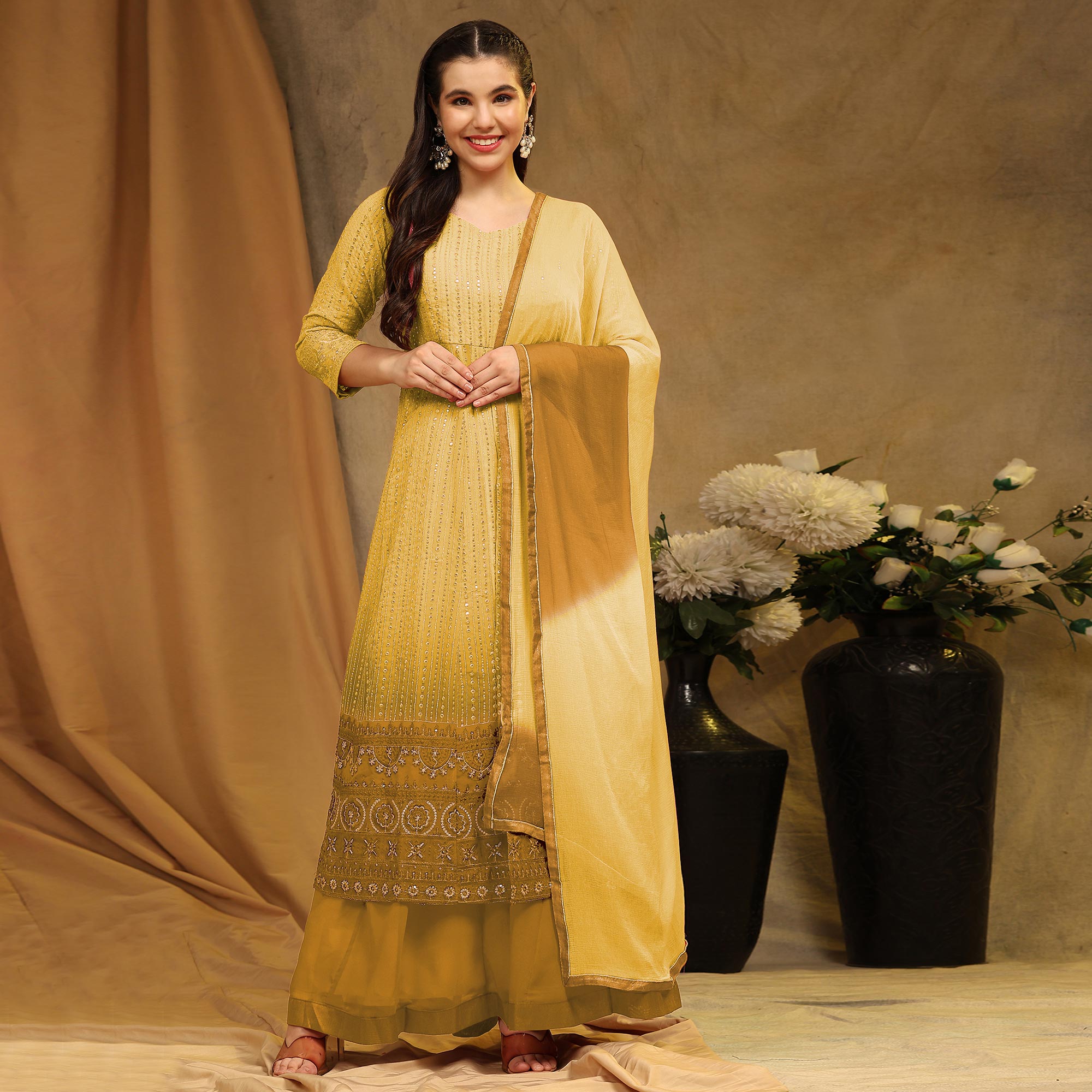 Yellow Sequins Embroidered Georgette Semi Stitched Sharara Suit