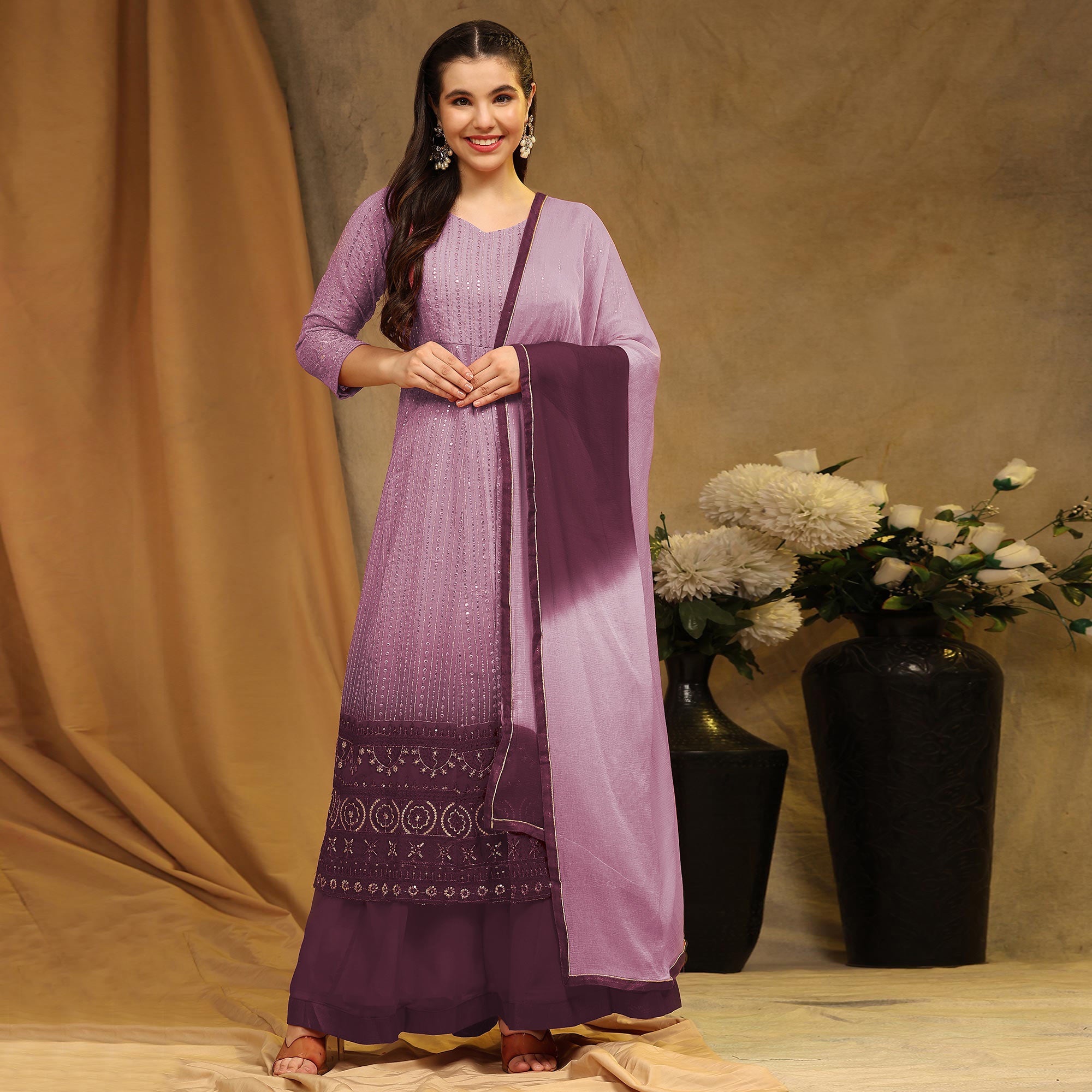 Violet Sequins Embroidered Georgette Semi Stitched Sharara Suit