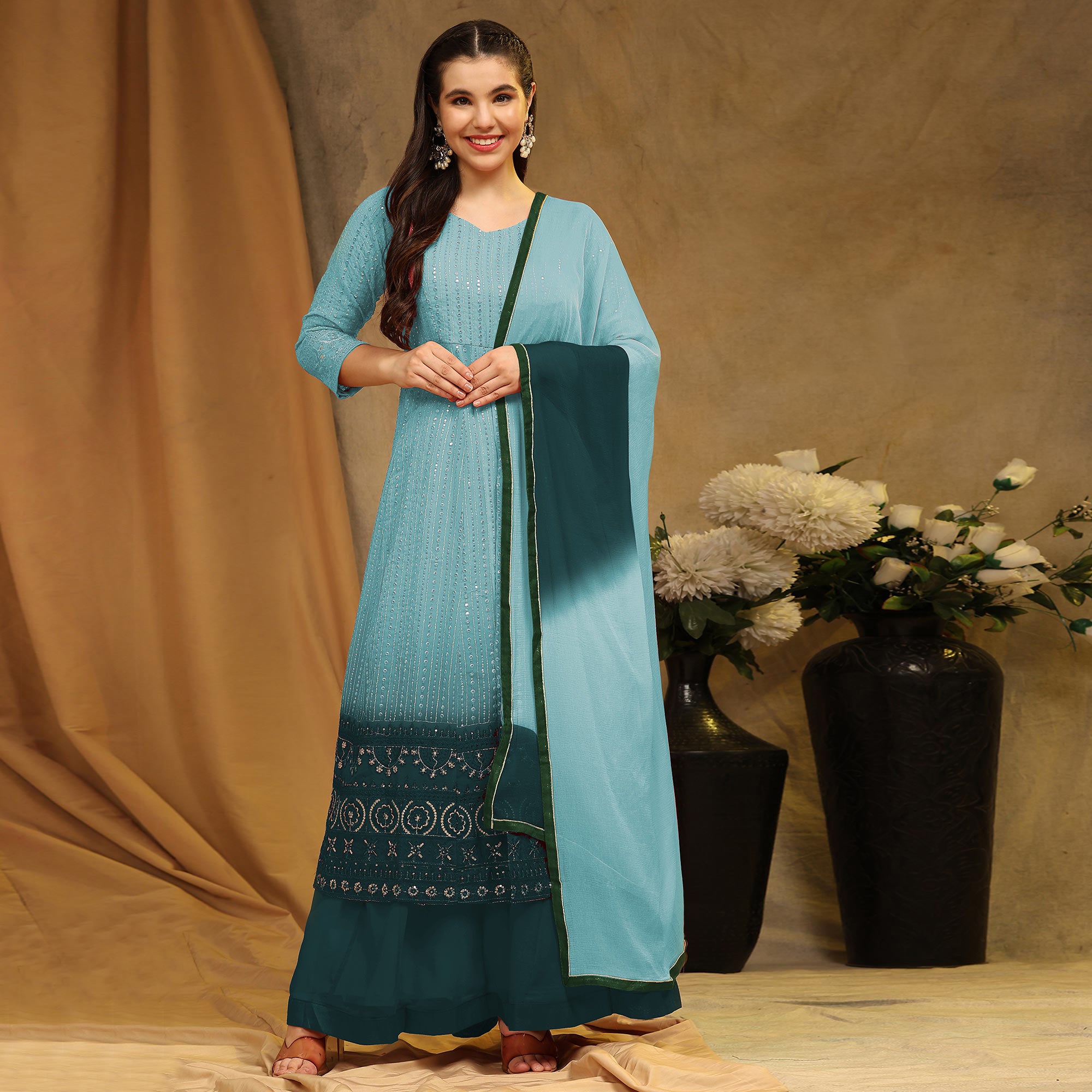 Sky Blue Sequins Embroidered Georgette Semi Stitched Sharara Suit