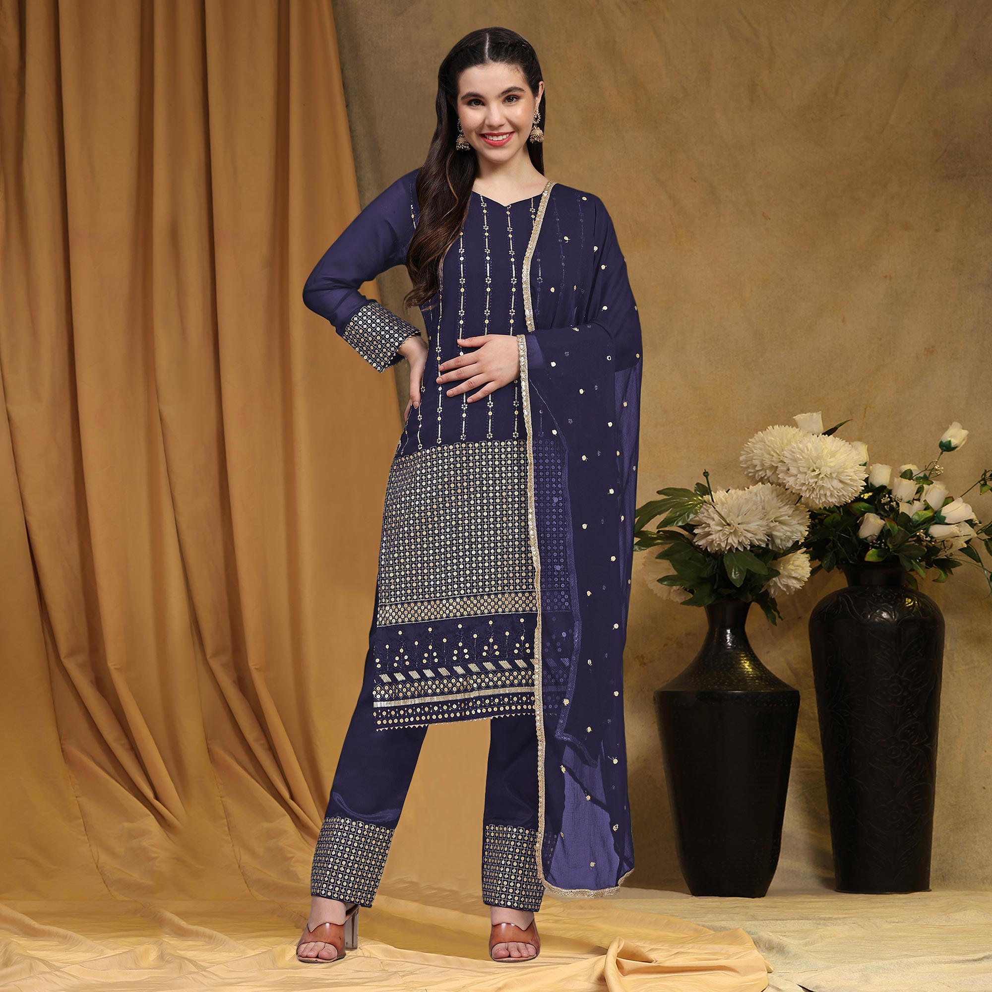 Navy Blue Sequins Embroidered Georgette Semi Stitched Salwar Suit