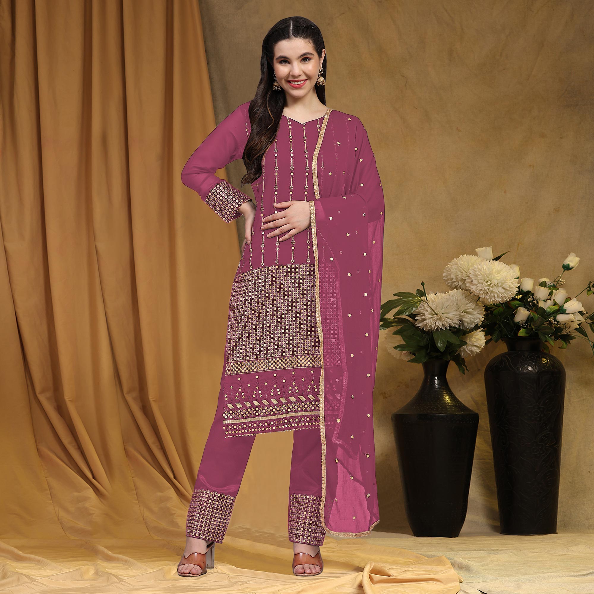 Pink Sequins Embroidered Georgette Semi Stitched Salwar Suit
