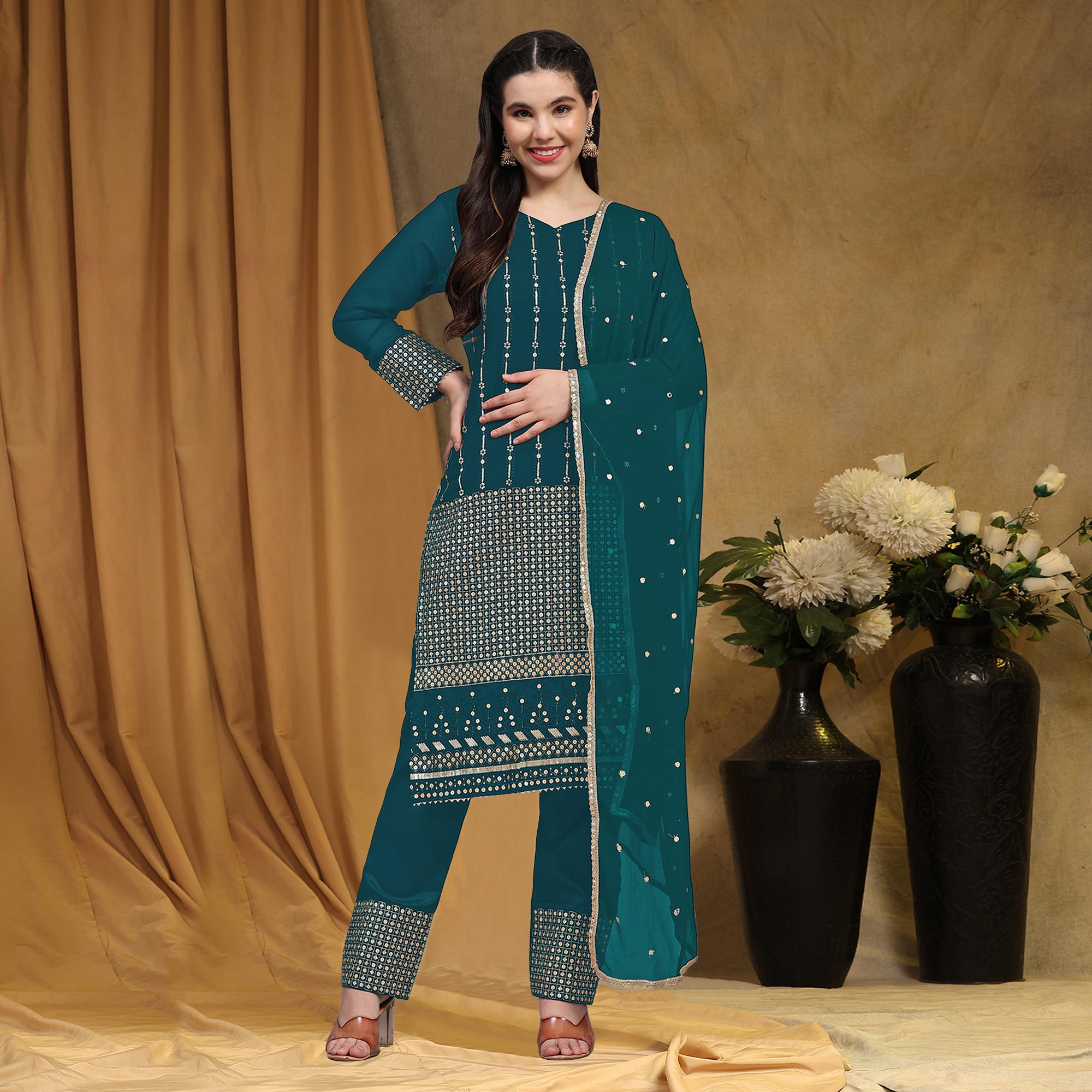 Rama Green Sequins Embroidered Georgette Semi Stitched Salwar Suit