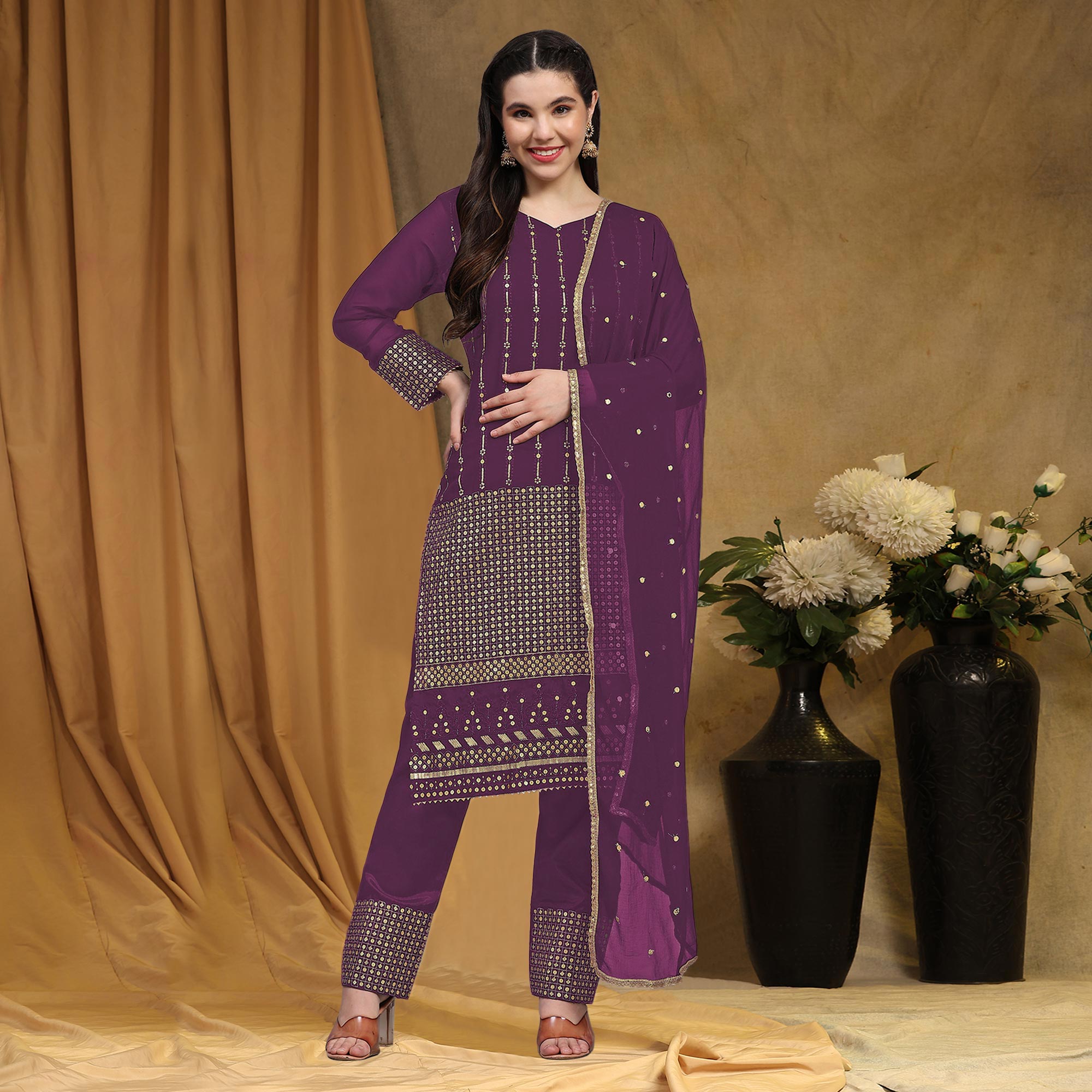 Wine Sequins Embroidered Georgette Semi Stitched Salwar Suit