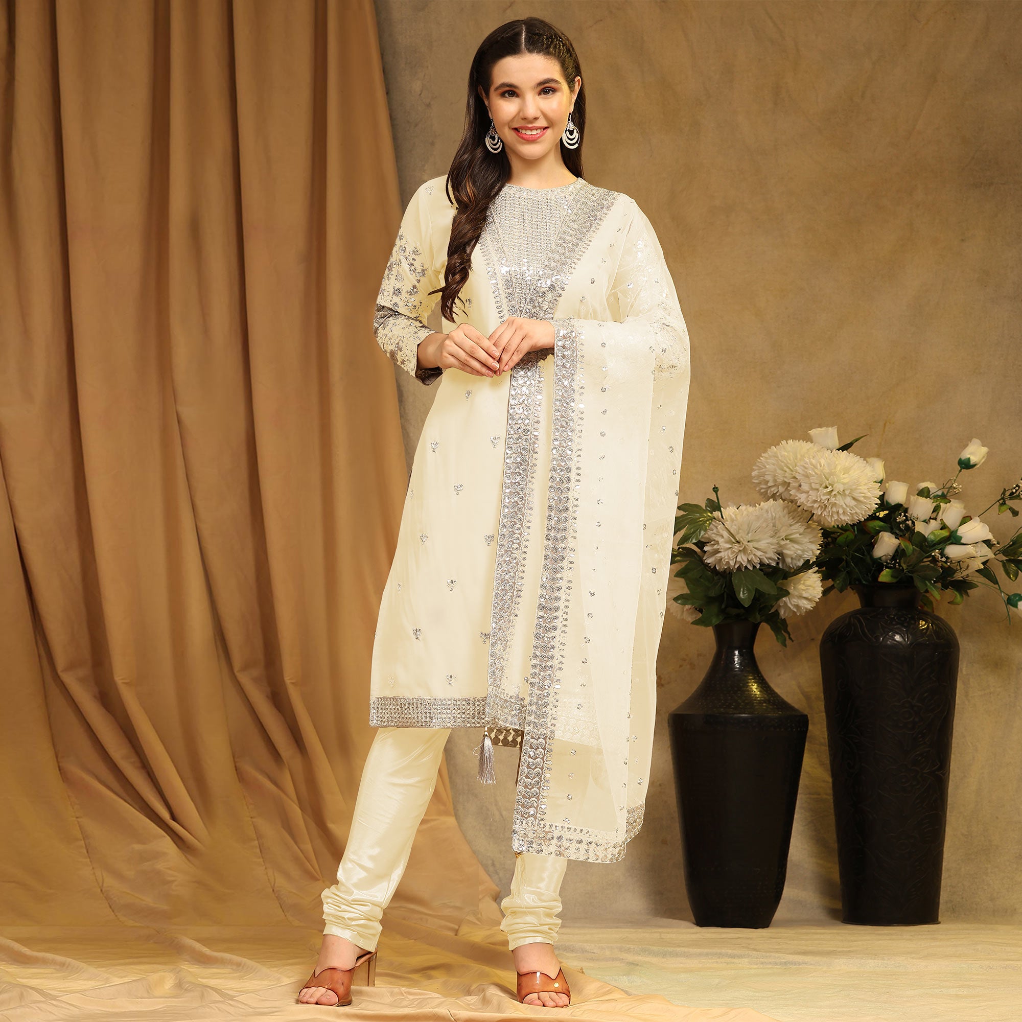 Cream Sequins Embroidered Georgette Semi Stitched Salwar Suit