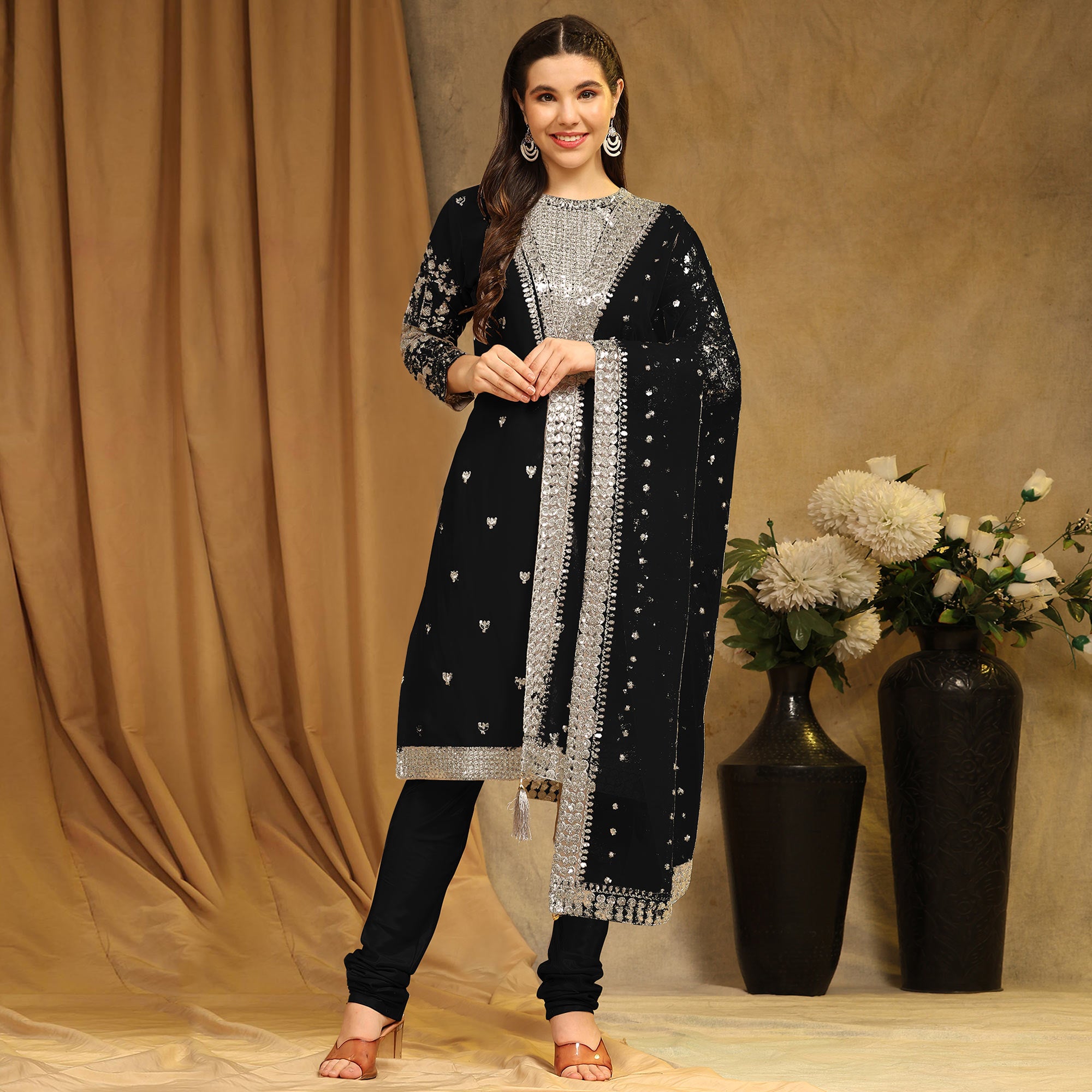 Black Sequins Embroidered Georgette Semi Stitched Salwar Suit