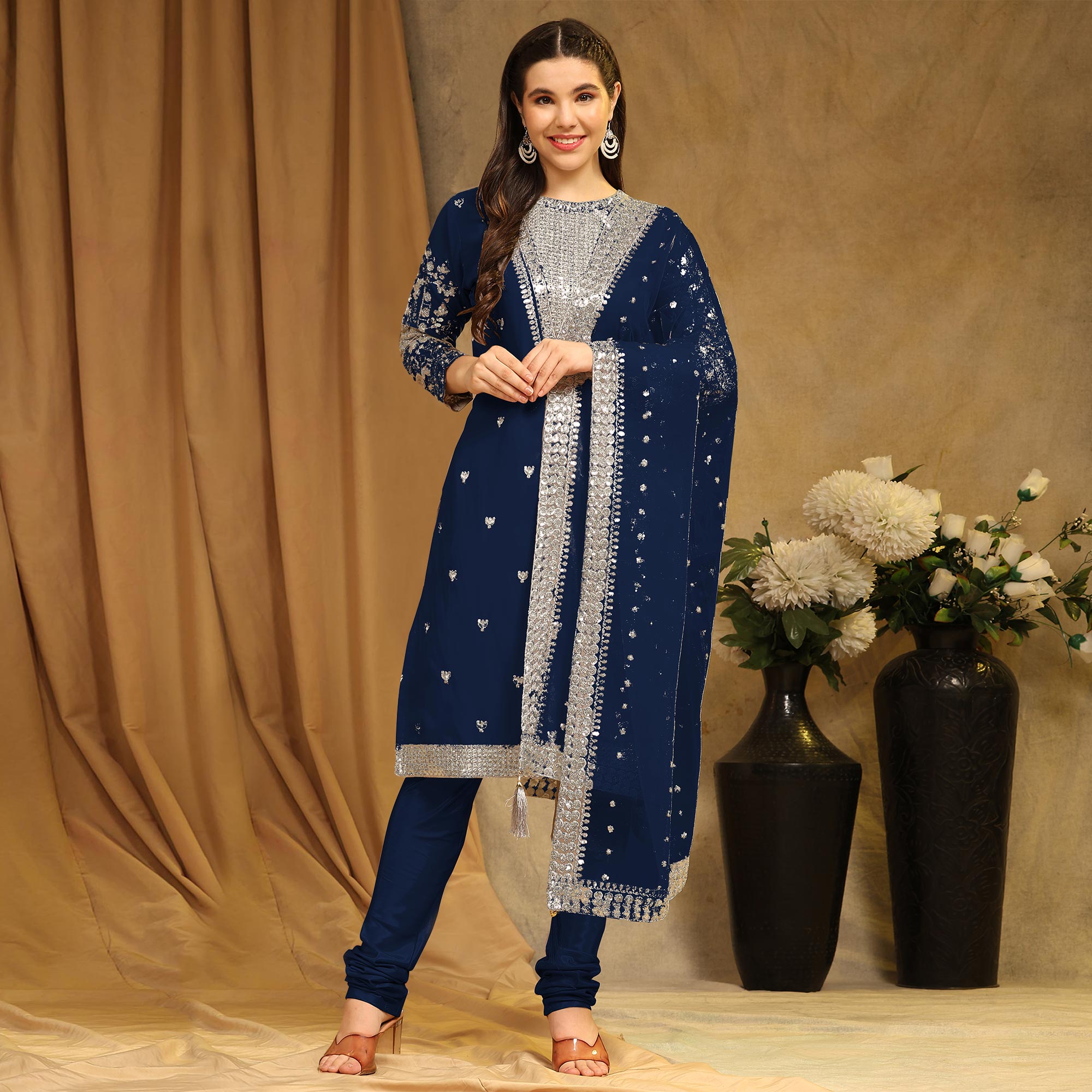 Blue Sequins Embroidered Georgette Semi Stitched Salwar Suit