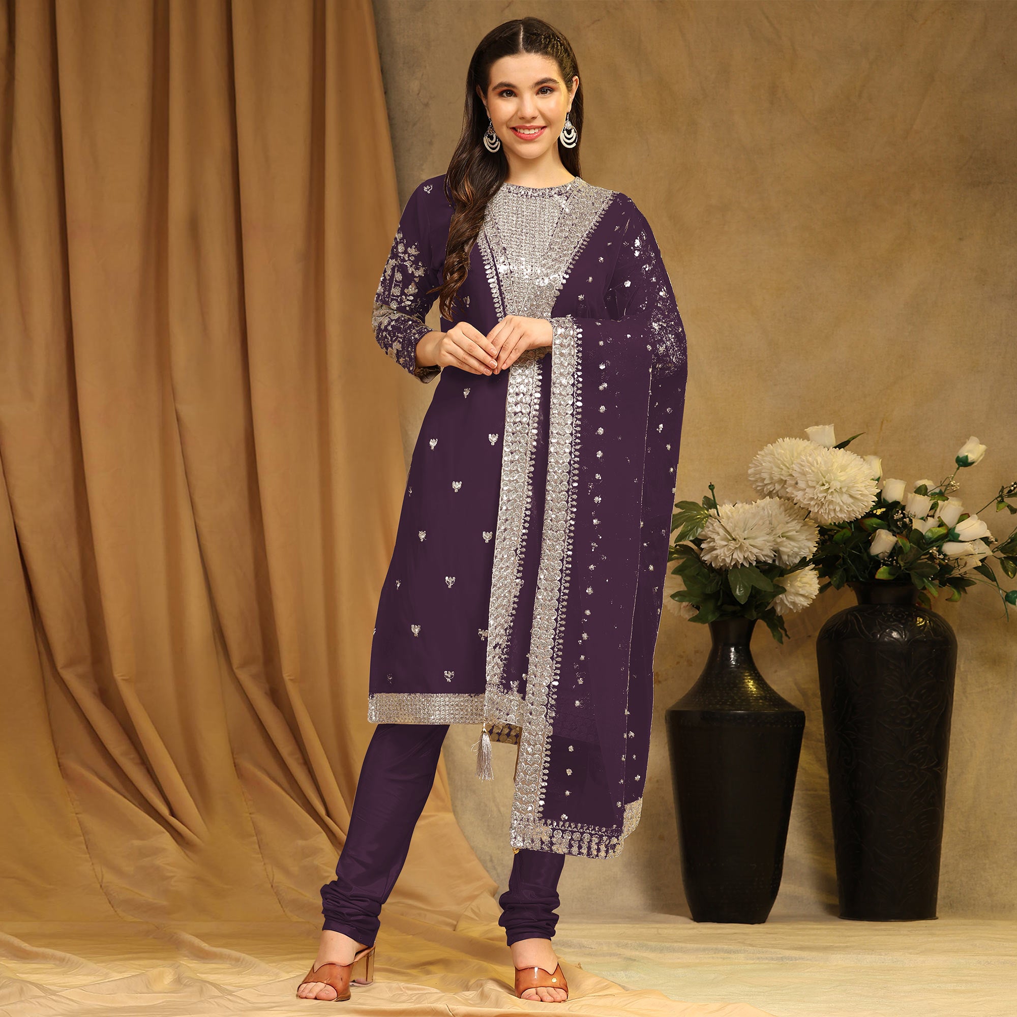 Wine Sequins Embroidered Georgette Semi Stitched Salwar Suit