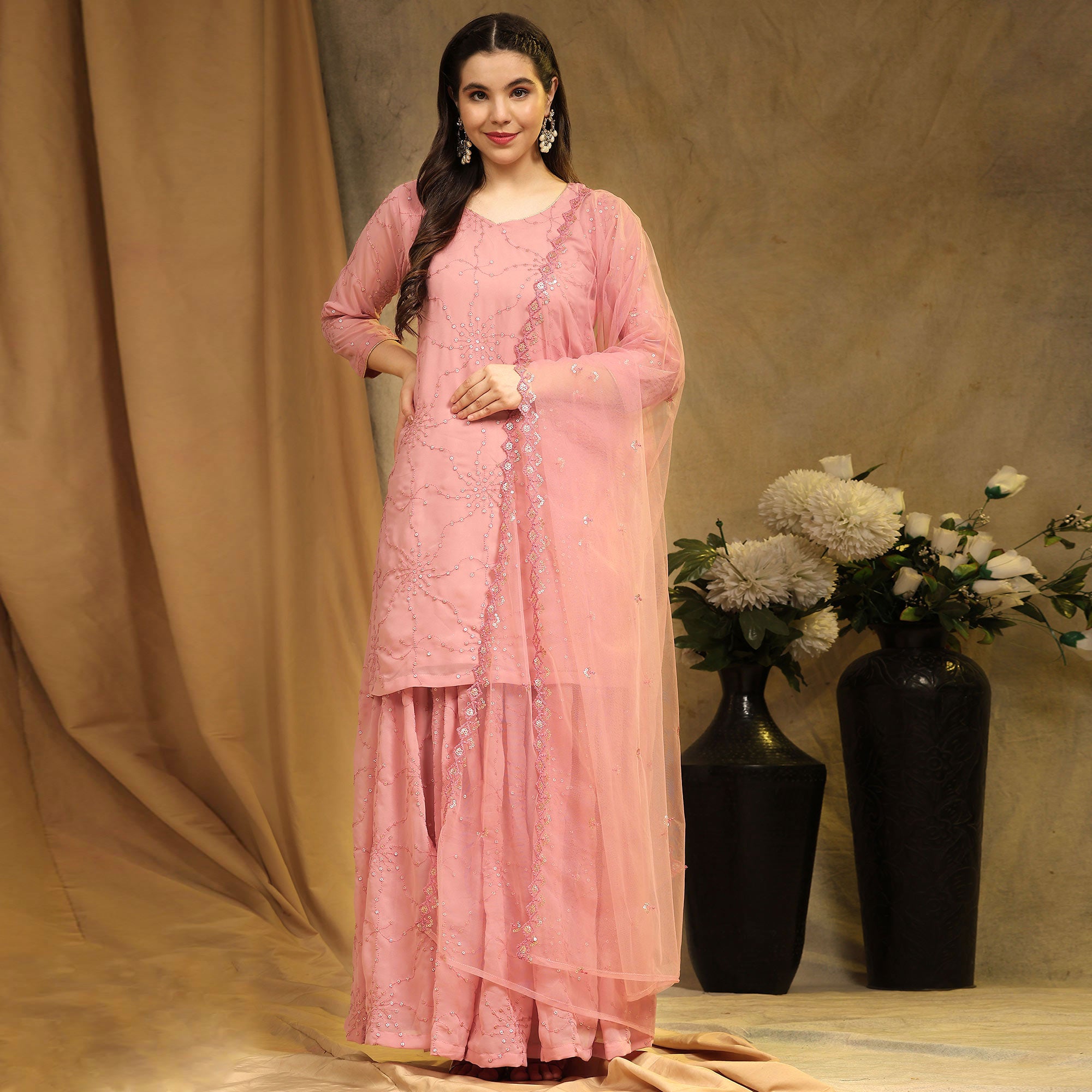 Peach Embroidered Georgette Semi Stitched Sharara Suit