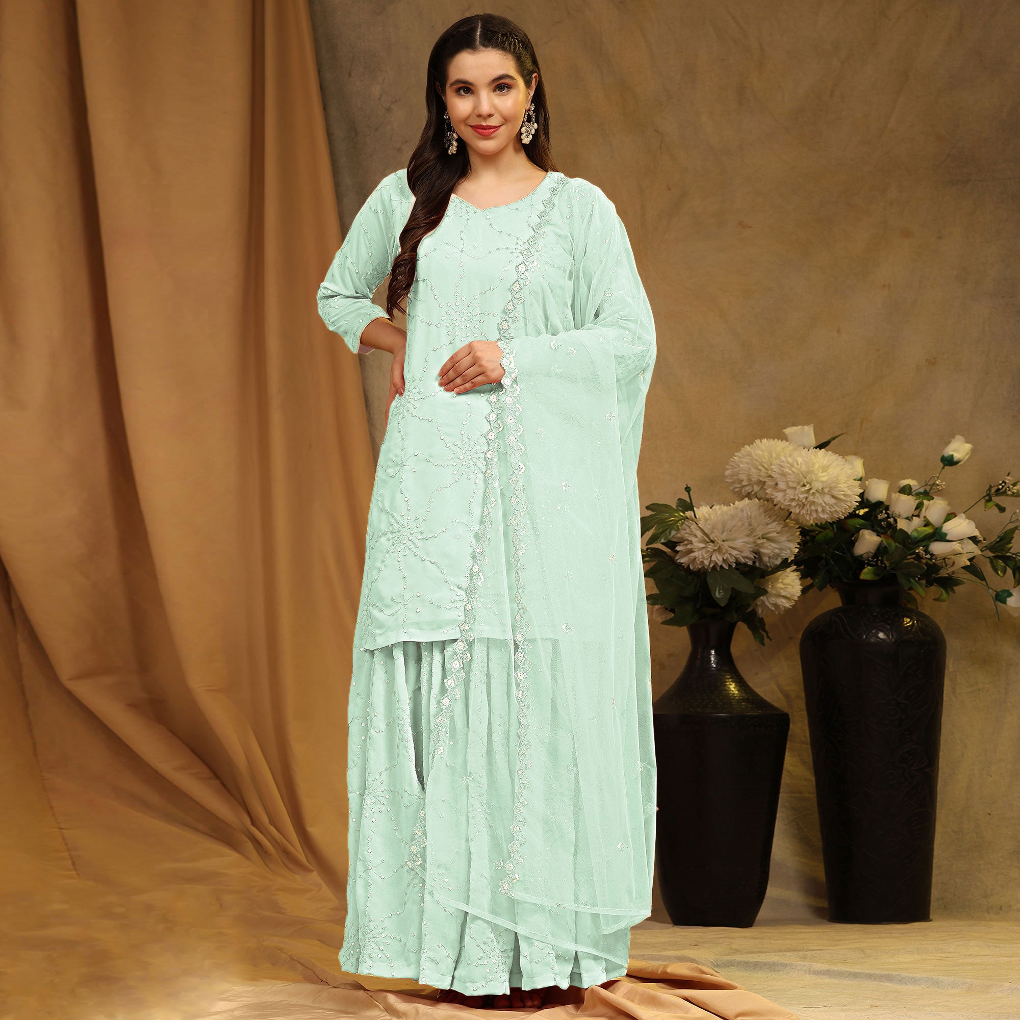 Green Embroidered Georgette Semi Stitched Sharara Suit