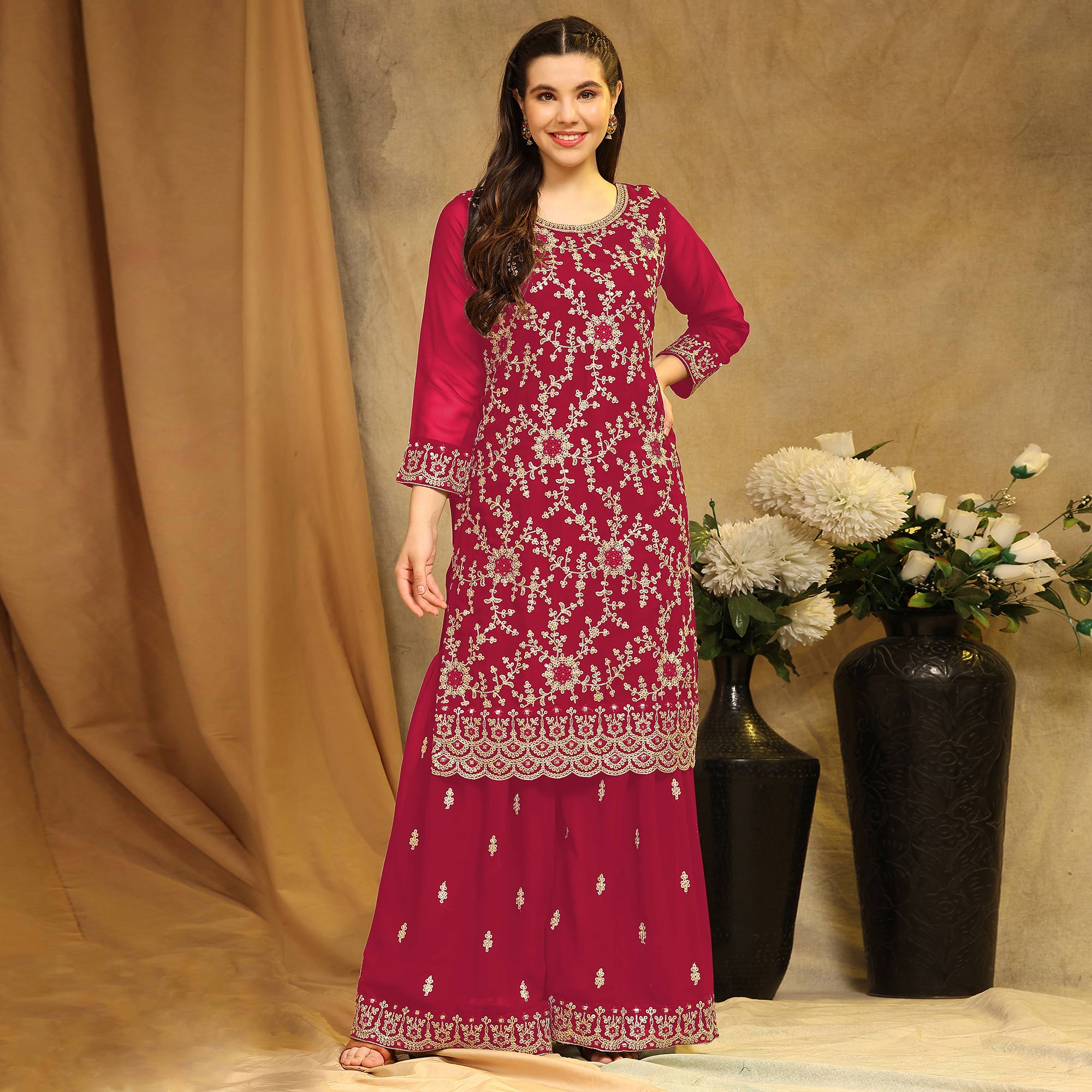Pink Floral Embroidered Georgette Semi Stitched Suit