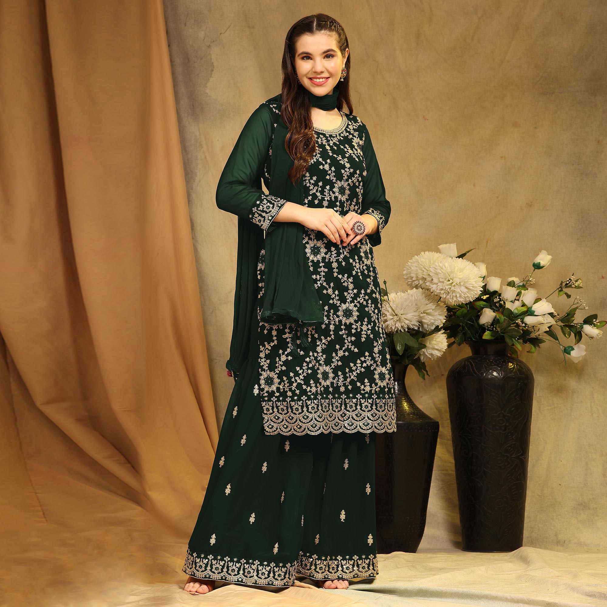 Bottle Green Floral Embroidered Georgette Semi Stitched Suit
