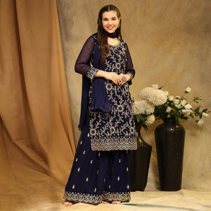 Blue Floral Embroidered Georgette Semi Stitched Suit