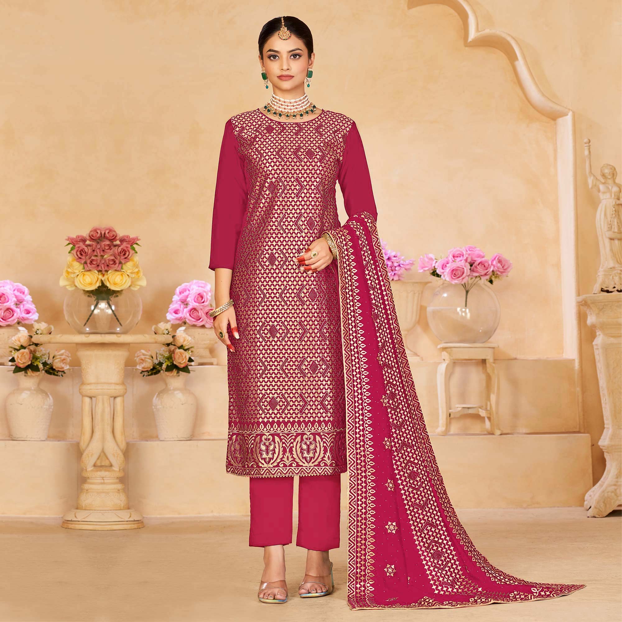 Pink Embroidered With Swarovski Work Vichitra Silk Semi Stitched Salwar Suit