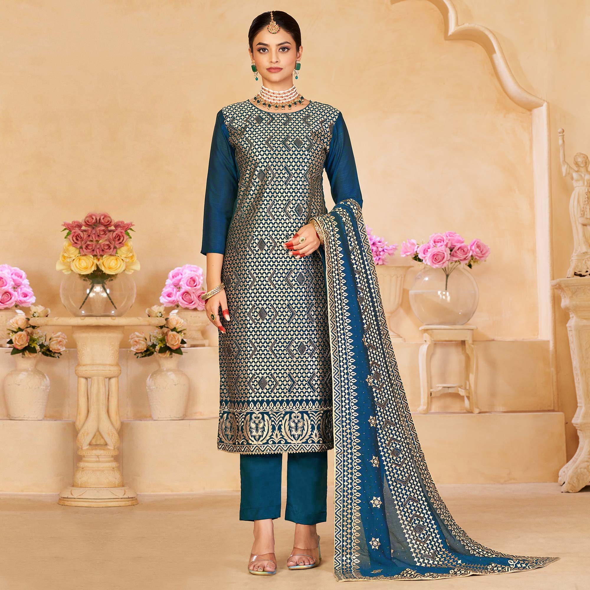 Teal Blue Embroidered With Swarovski Work Vichitra Silk Semi Stitched Salwar Suit