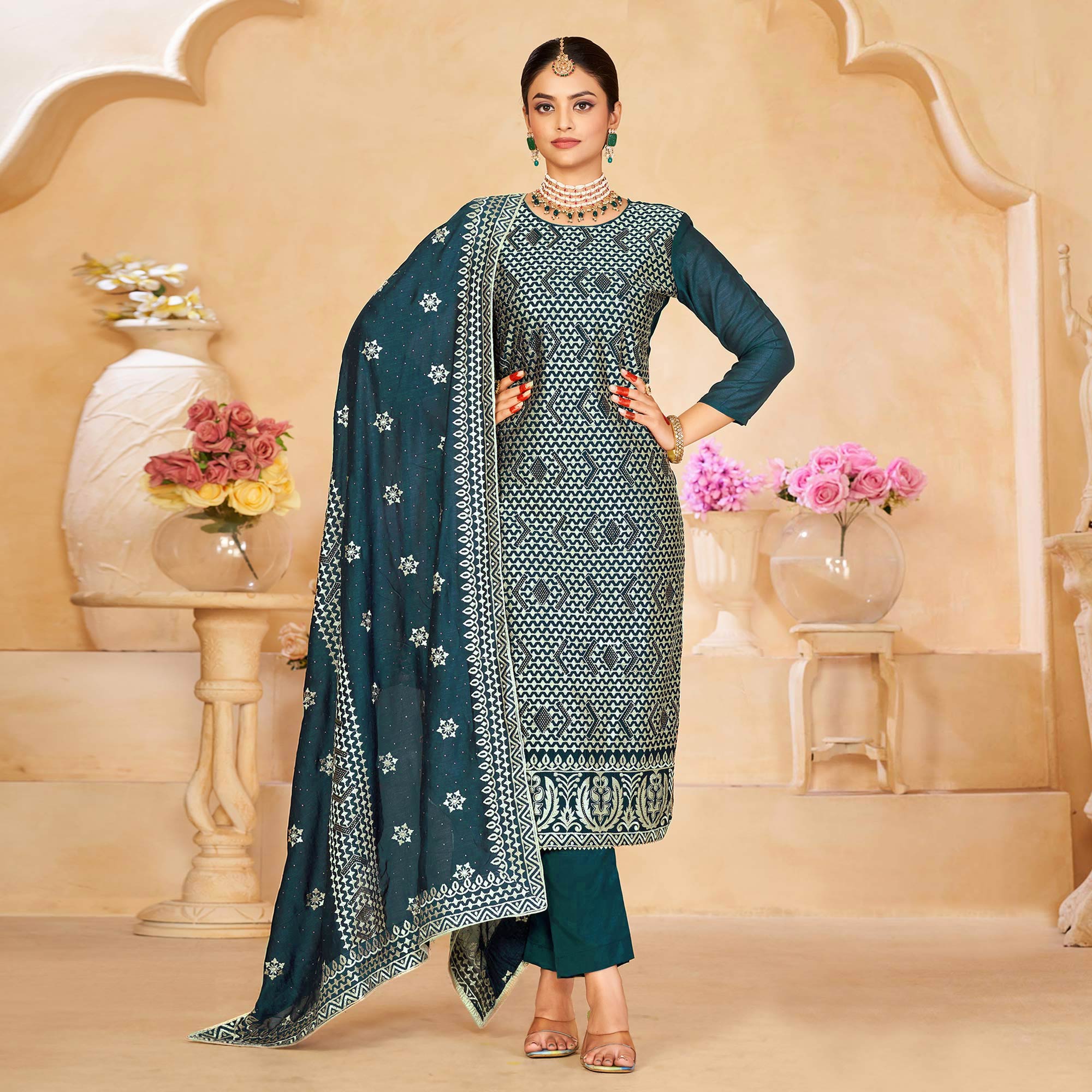 Teal Green Embroidered With Swarovski Work Vichitra Silk Semi Stitched Salwar Suit