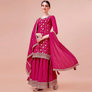 Rani Pink Floral Zari Woven Chinon Semi Stitched Dress Material