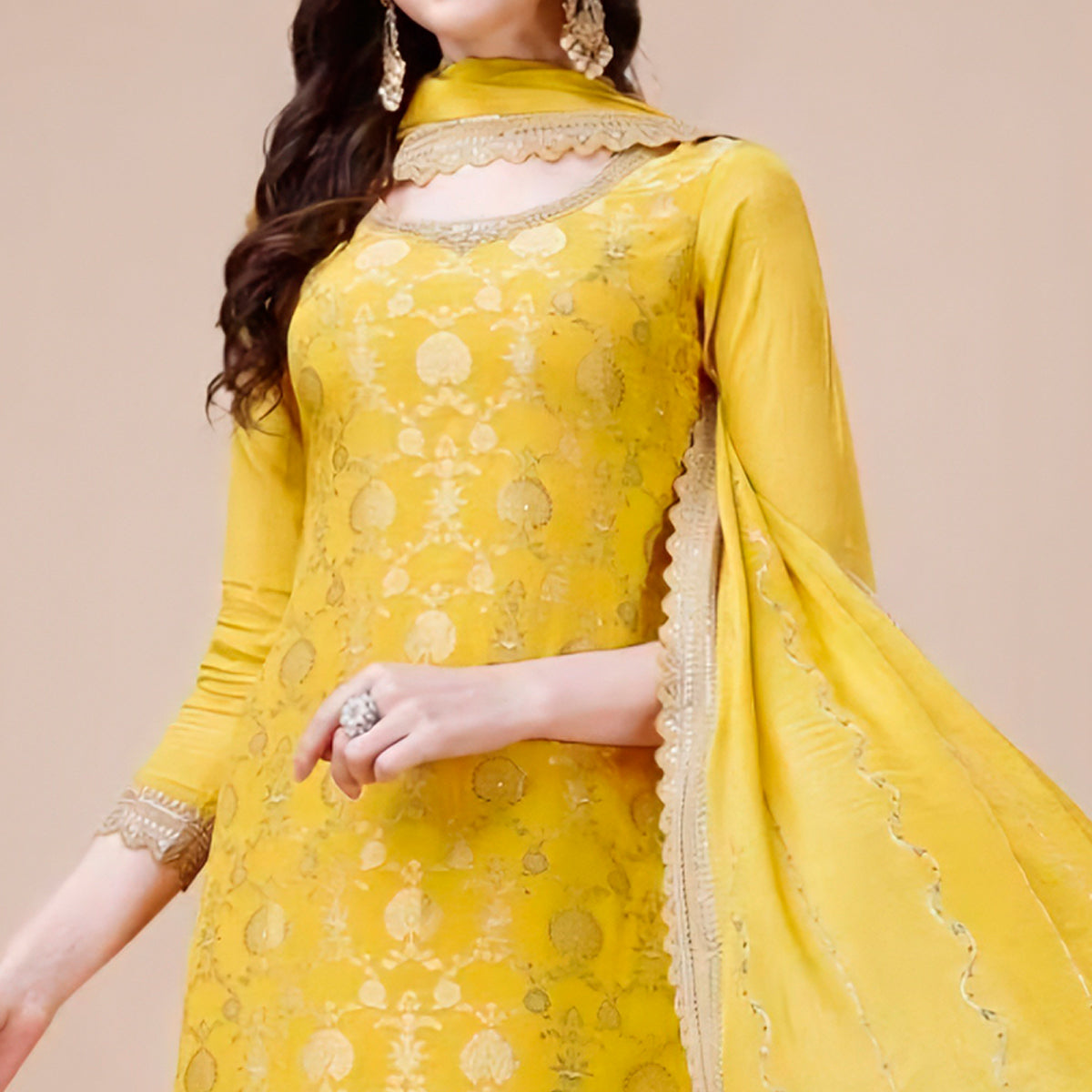 Yellow Floral Zari Woven Chinon Semi Stitched Dress Material