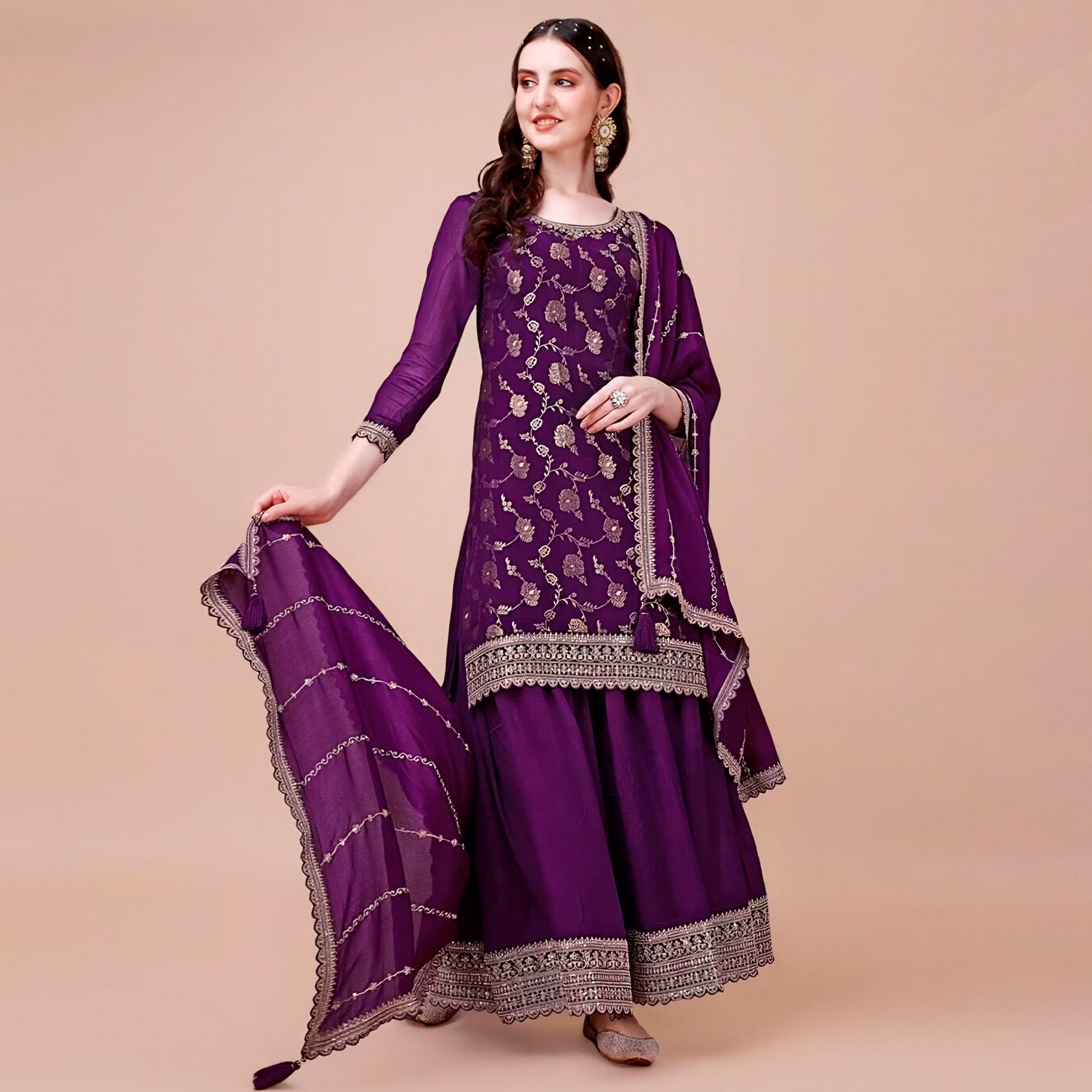 Purple Floral Zari Woven Chinon Semi Stitched Dress Material