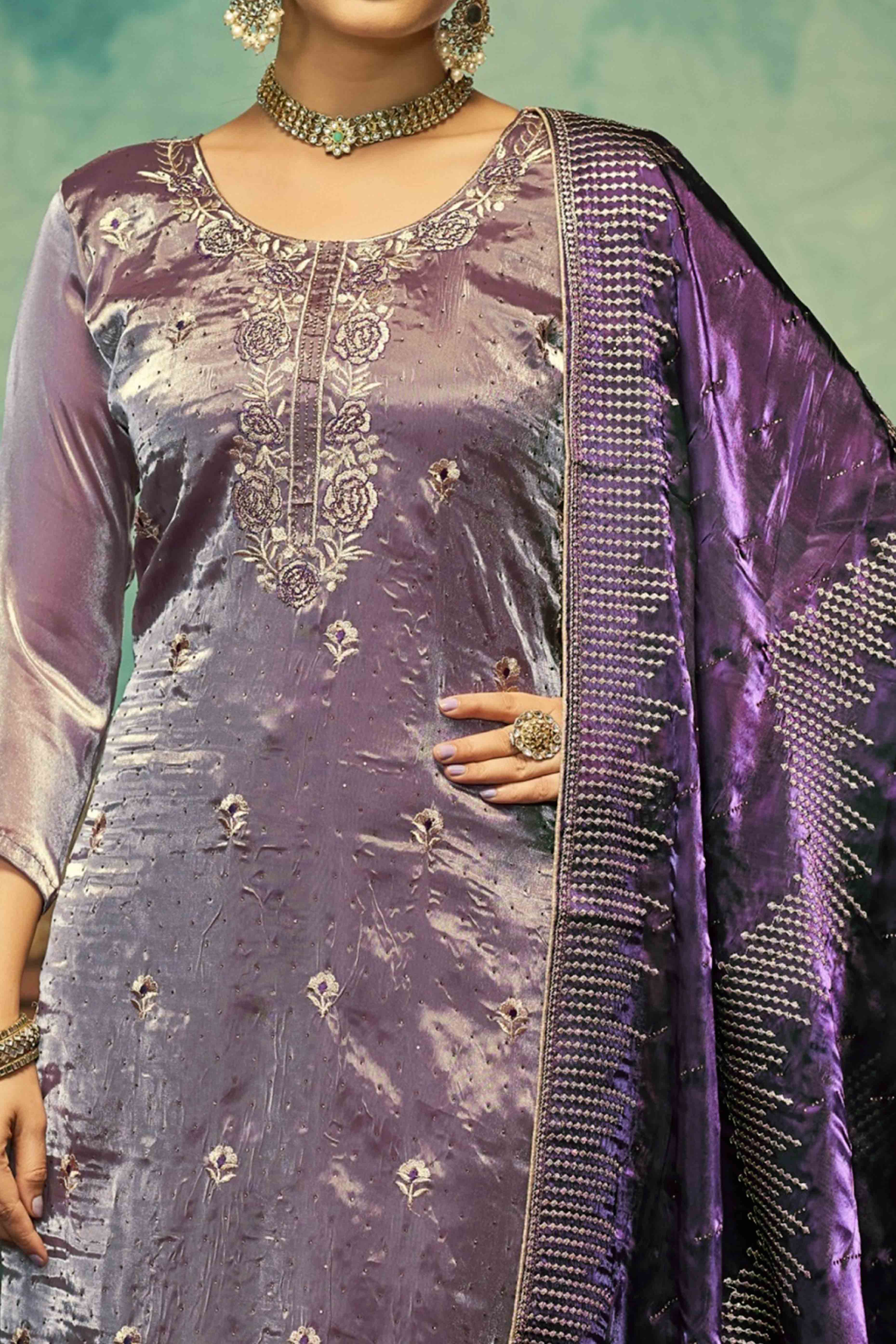 Purple Floral Embroidery With Swarovski Work Jimmy Choo Tissue Semi Stitched Suit