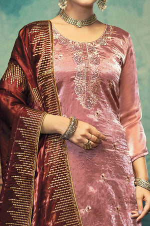 Dusty Rose Pink Floral Embroidery With Swarovski Work Jimmy Choo Tissue Semi Stitched Suit