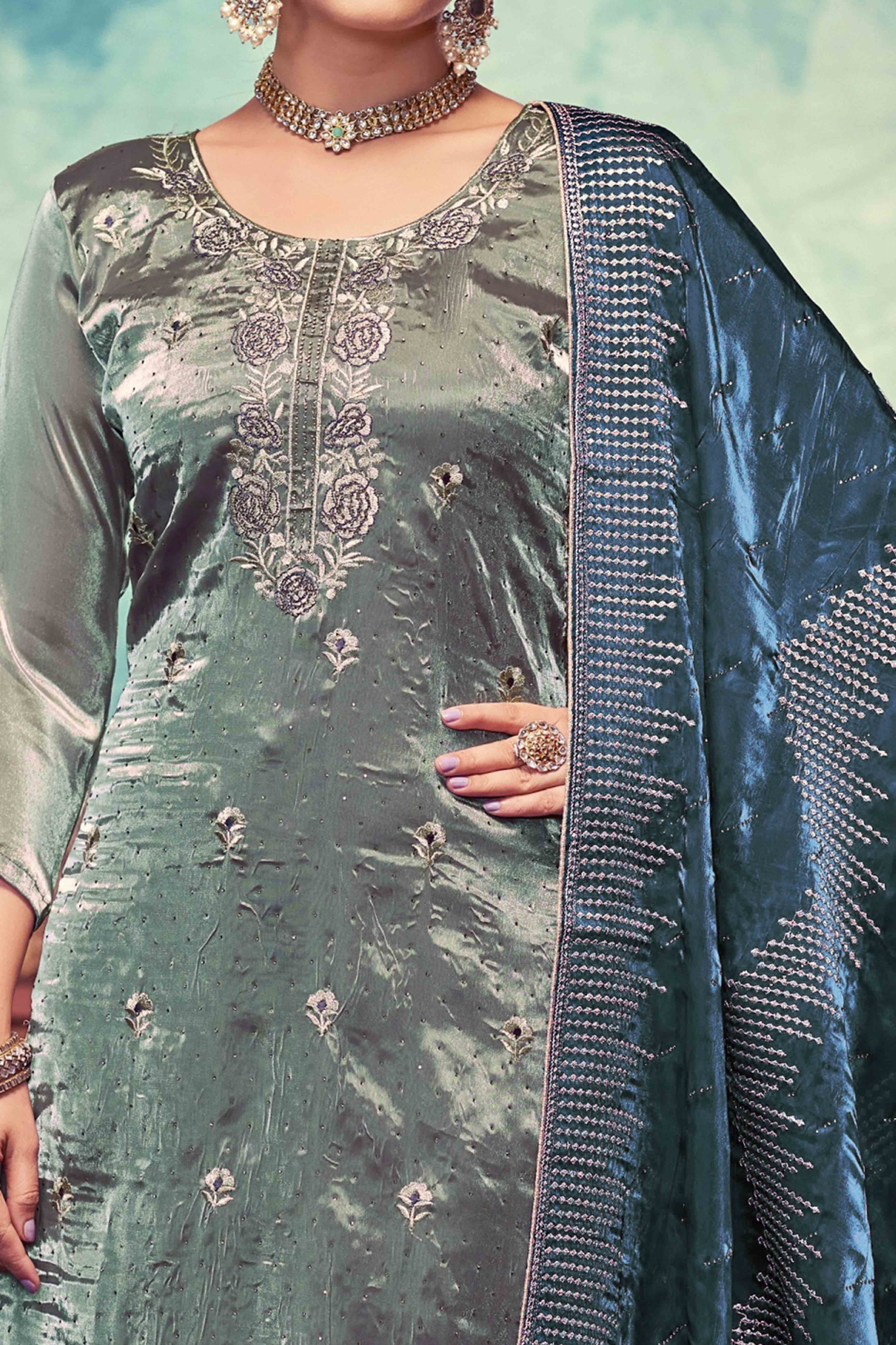 Turquoise Floral Embroidery With Swarovski Work Jimmy Choo Tissue Semi Stitched Suit