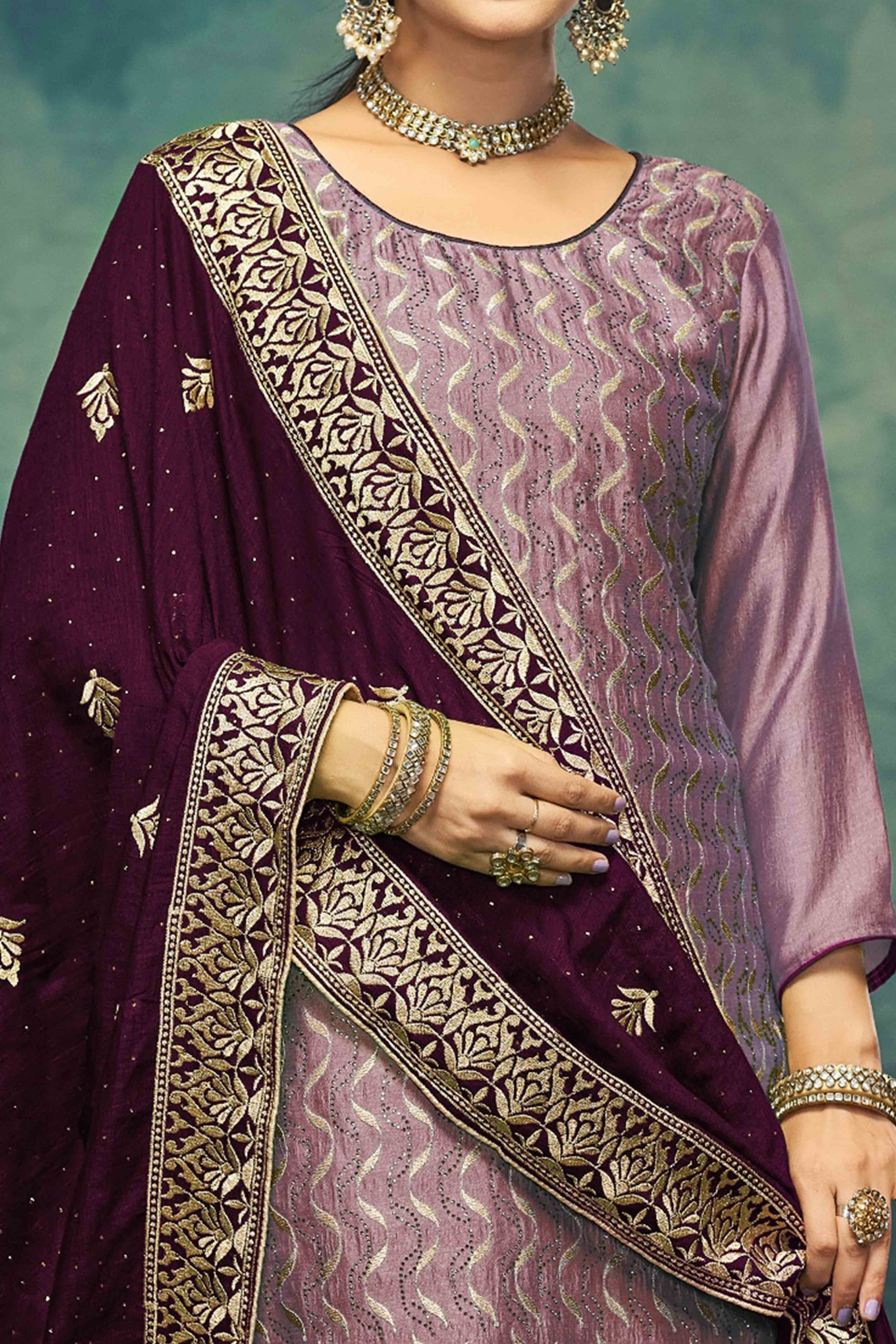 Purple Embroidery With Swarovski Work Vichitra Silk Semi Stitched Suit
