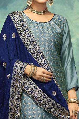 Blue Embroidery With Swarovski Work Vichitra Silk Semi Stitched Suit