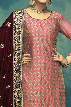 Rust Embroidery With Swarovski Work Vichitra Silk Semi Stitched Suit