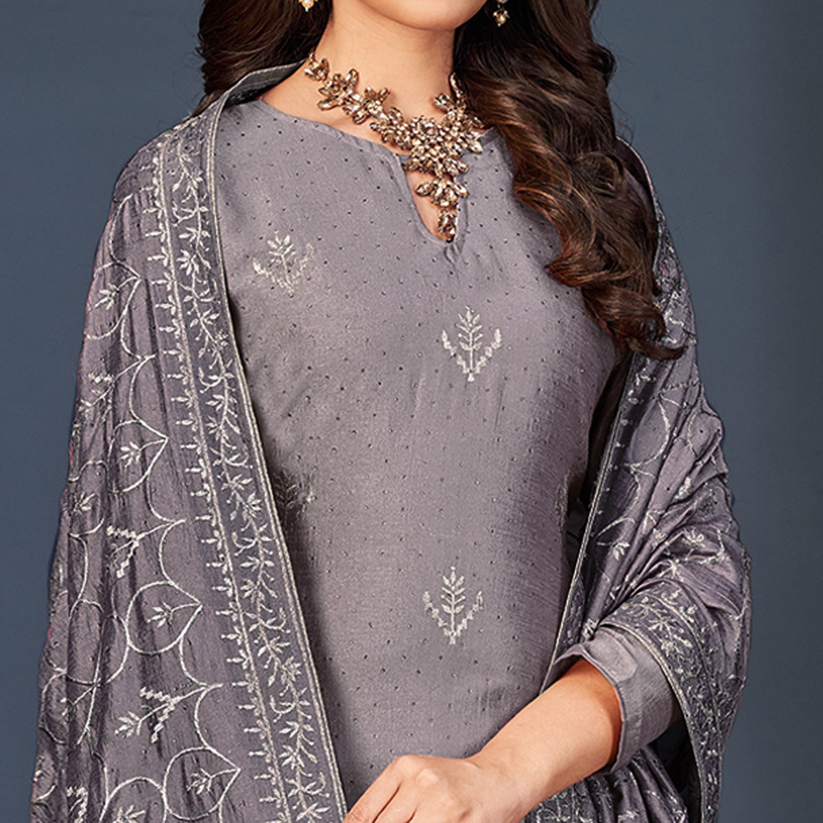 Purple Embroidered With Swarovski Work Art Silk Semi Stitched Salwar Suit