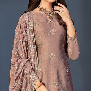 Peach Embroidered With Swarovski Work Art Silk Semi Stitched Salwar Suit