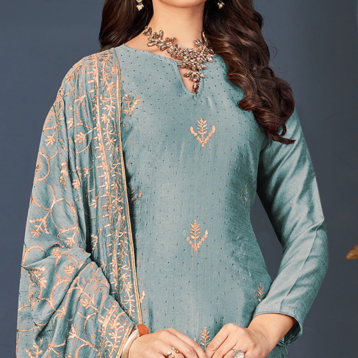 Blue Embroidered With Swarovski Work Art Silk Semi Stitched Salwar Suit