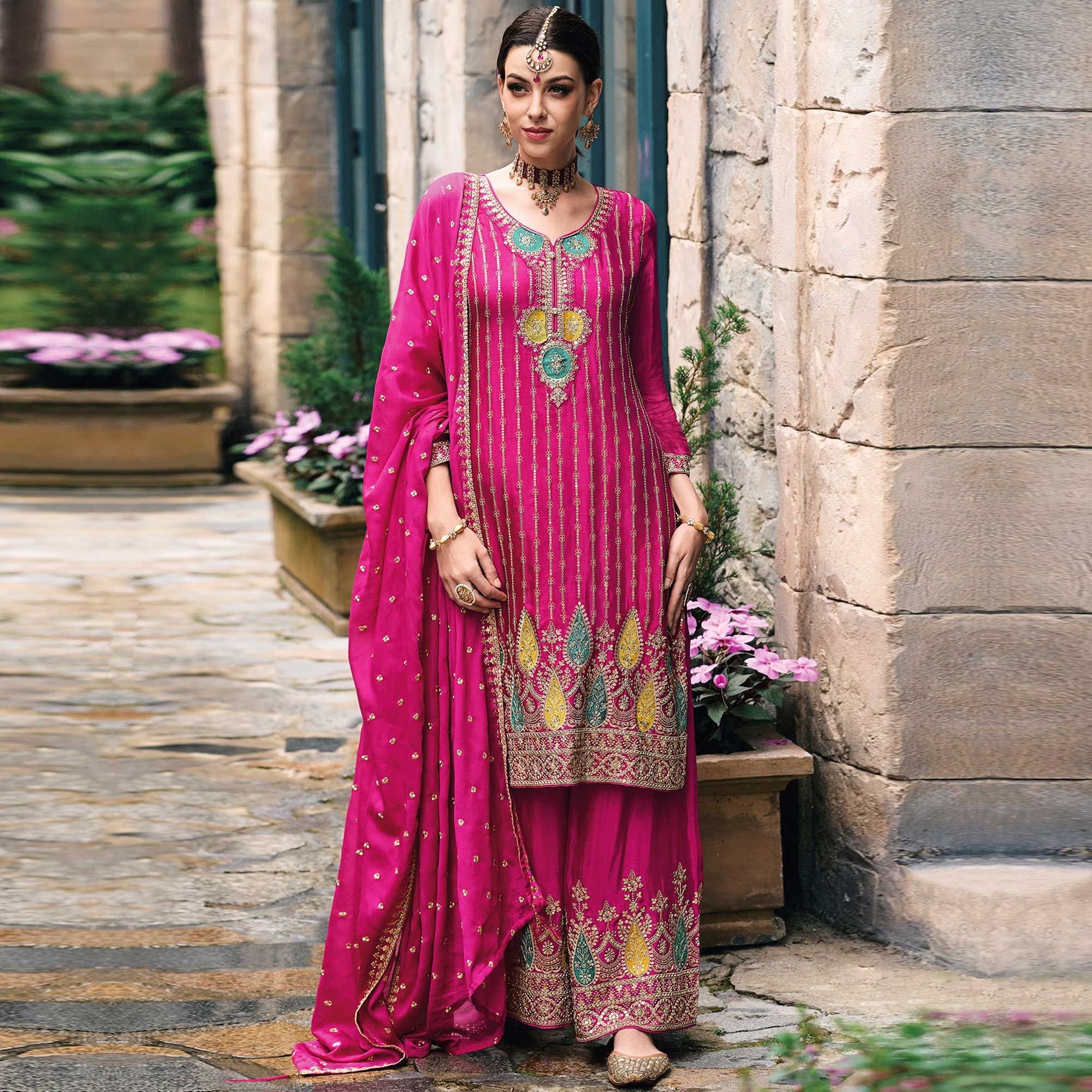 Pink Embroidered Chinon Semi Stitched Palazzo Suit