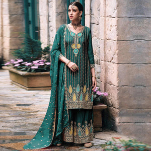 Green Embroidered Chinon Semi Stitched Palazzo Suit