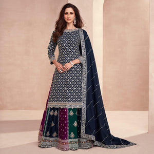 Navy Blue Embroidered Chinon Semi Stitched Sharara Suit
