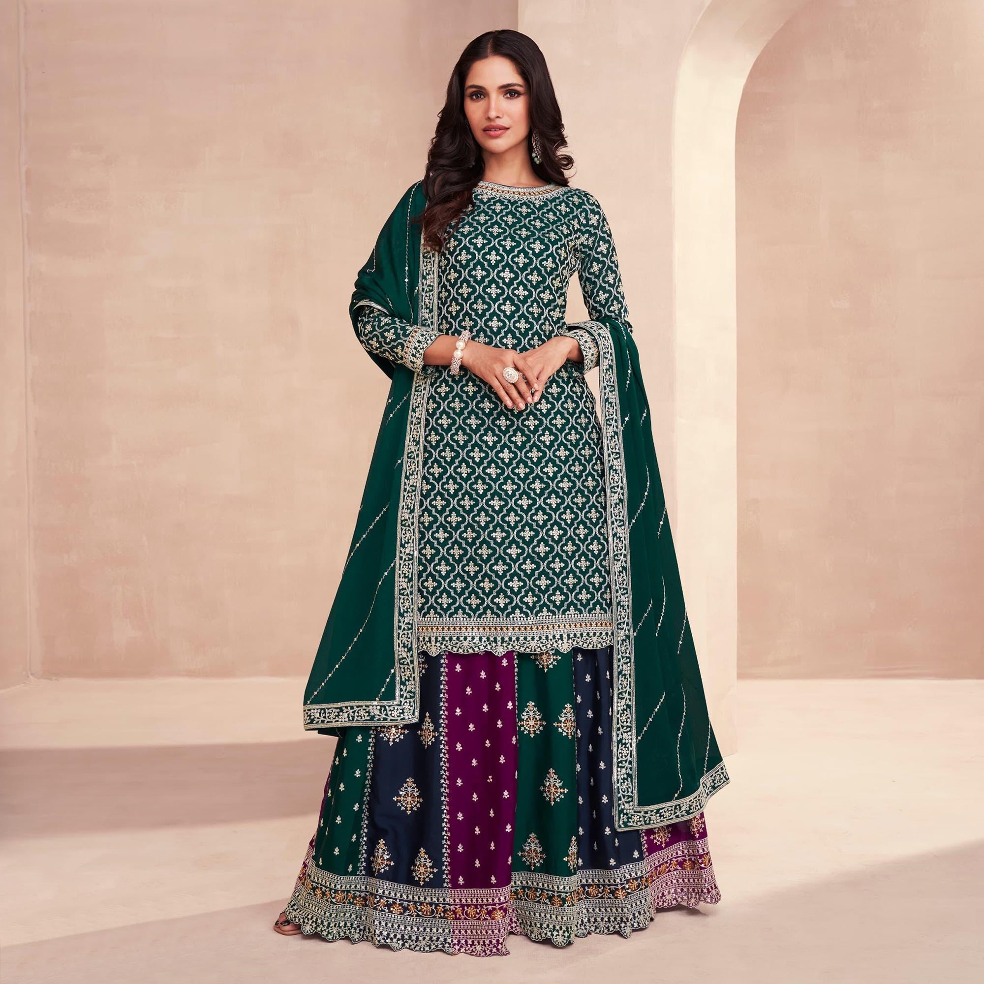 Dark Green Embroidered Chinon Semi Stitched Sharara Suit