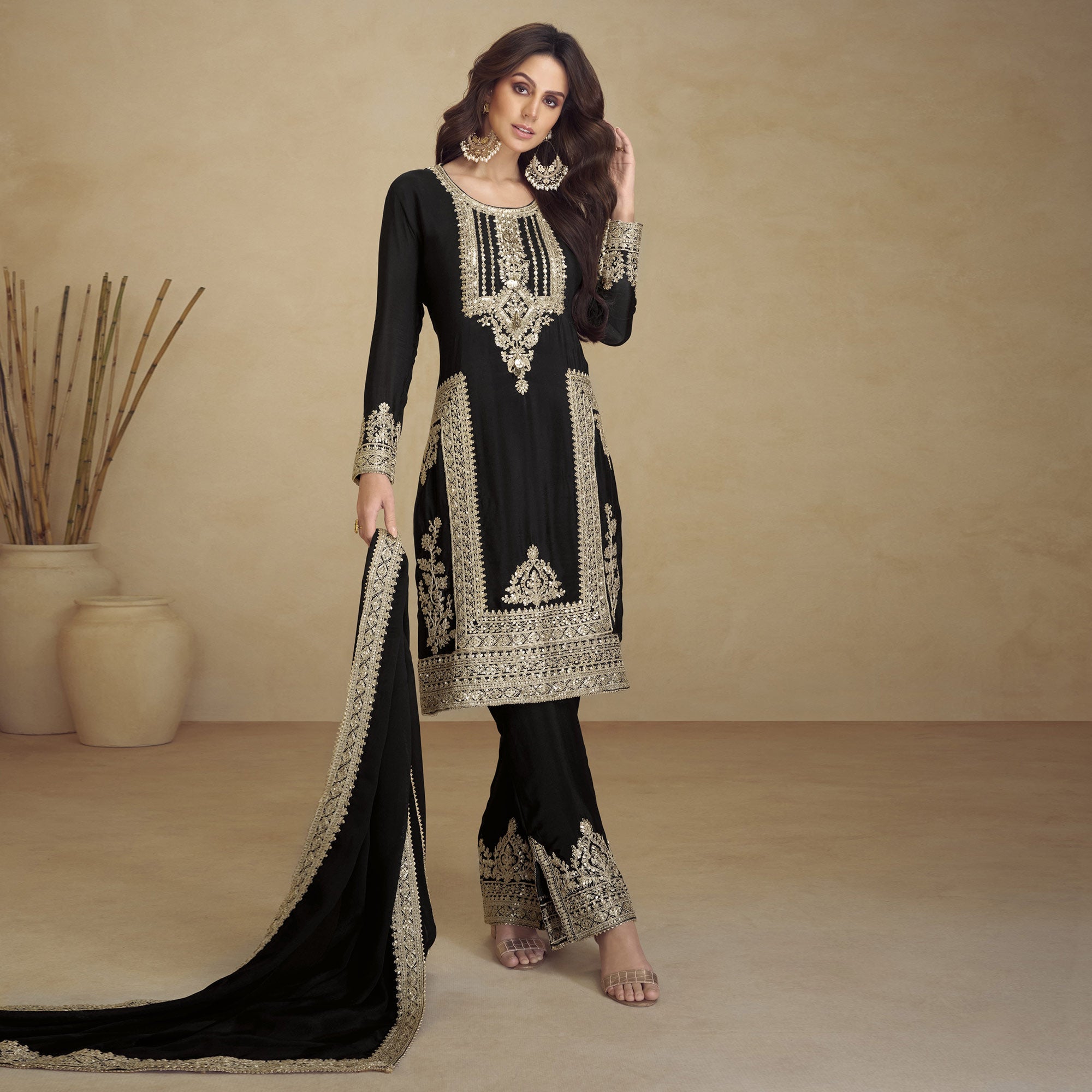 Black Floral Sequins Embroidered Georgette Semi Stitched Salwar Suit